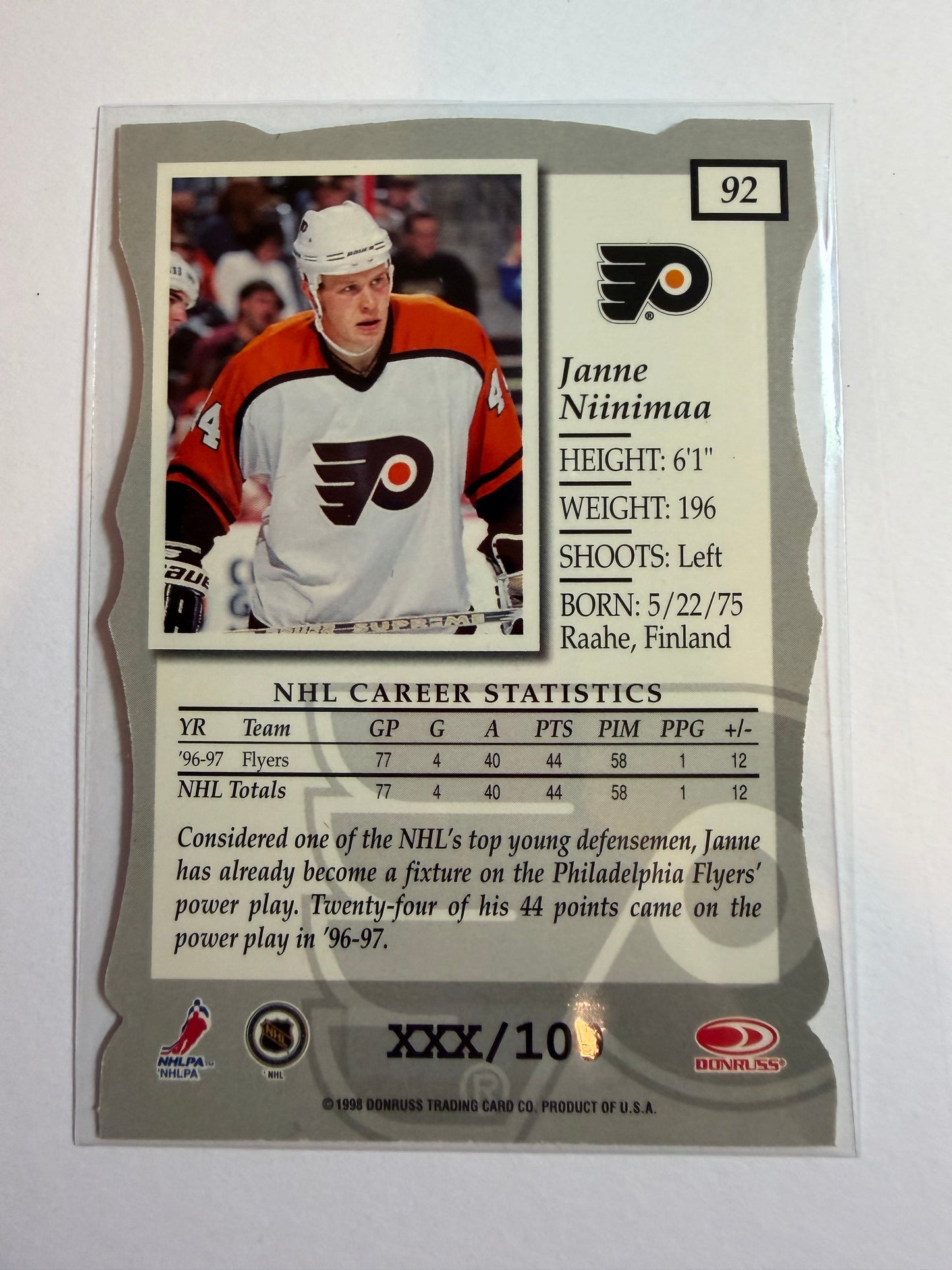 JANNE NIINIMAA - 1997 Donruss Elite Status Die Cut #92, xxx/100