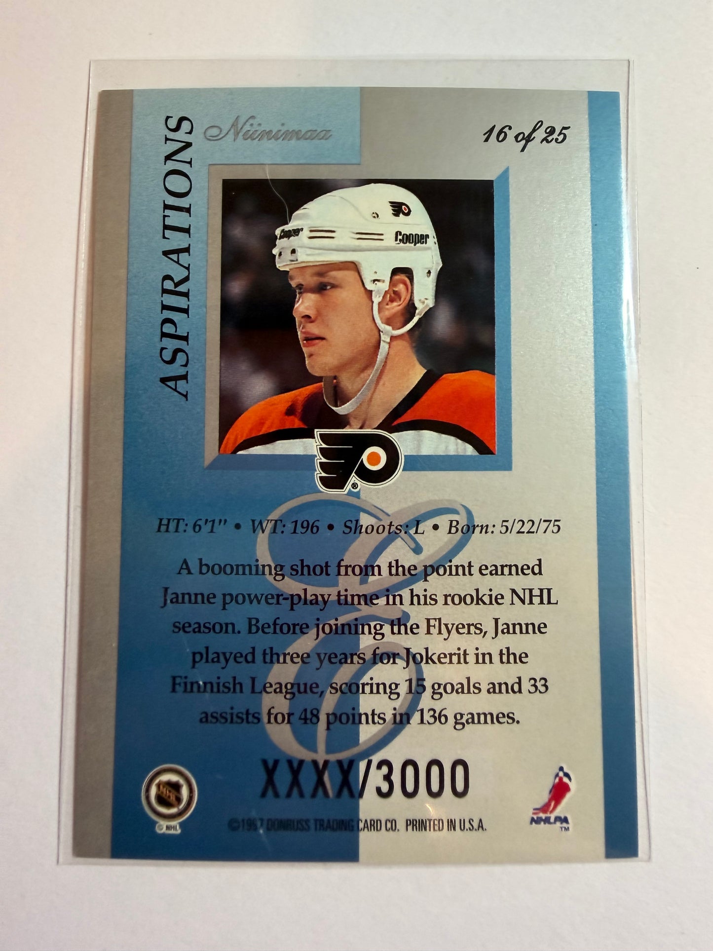JANNE NIINIMAA - 1996 Donruss Elite Aspirations #16, xxxx/3000