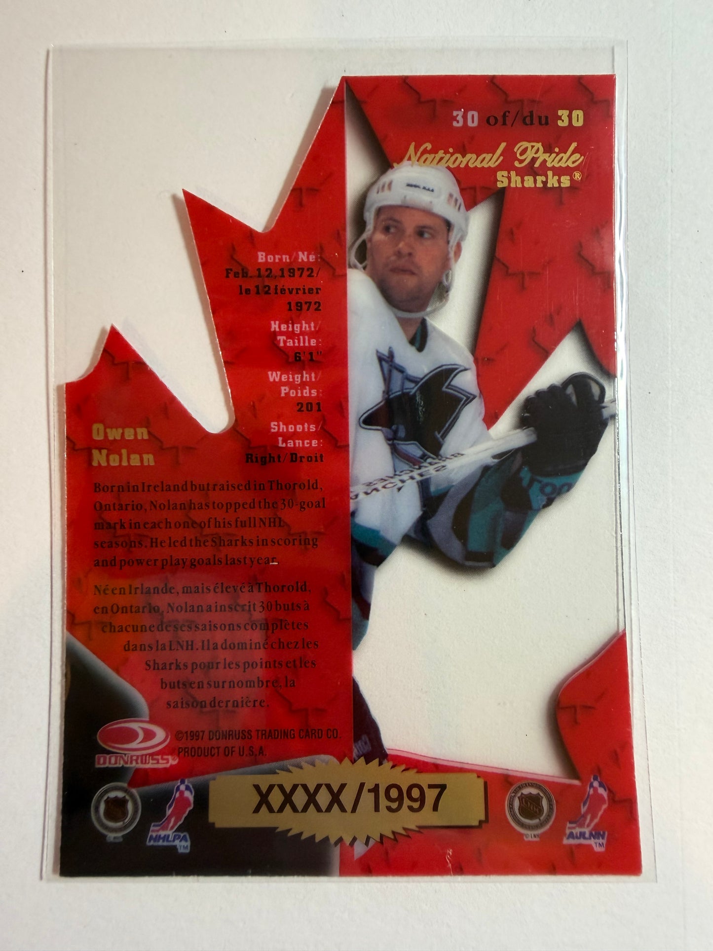 OWEN NOLAN - 1997 Donruss Canadian Ice National Pride Clear Cut Die Cut #30, xxxx/1997