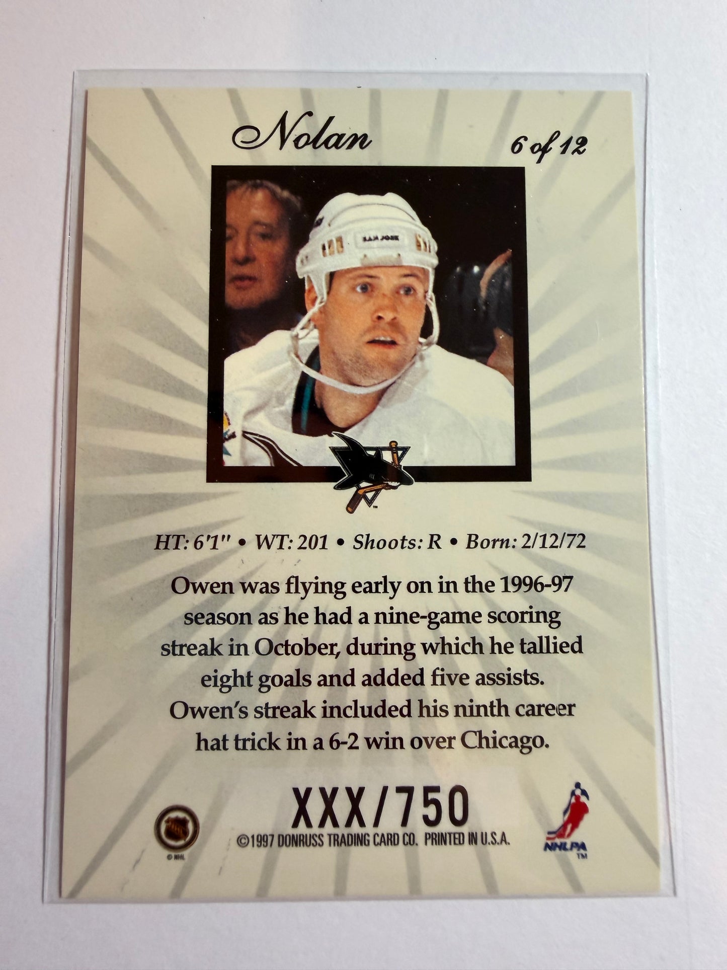 OWEN NOLAN - 1997 Donruss Elite Status #6, xxx/750
