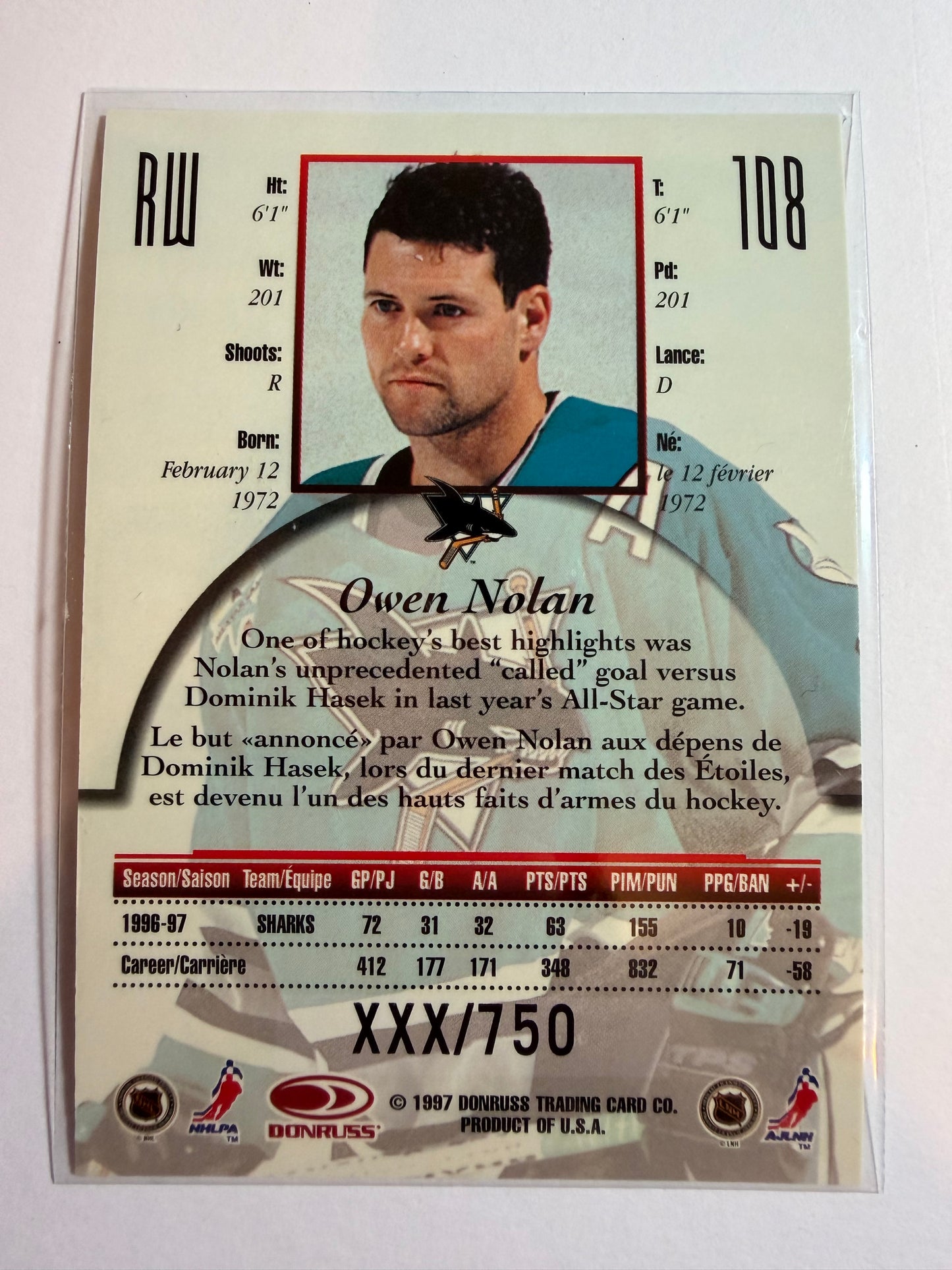 OWEN NOLAN - 1997 Donruss Canadian Ice Provincial Series #108, xxx/750