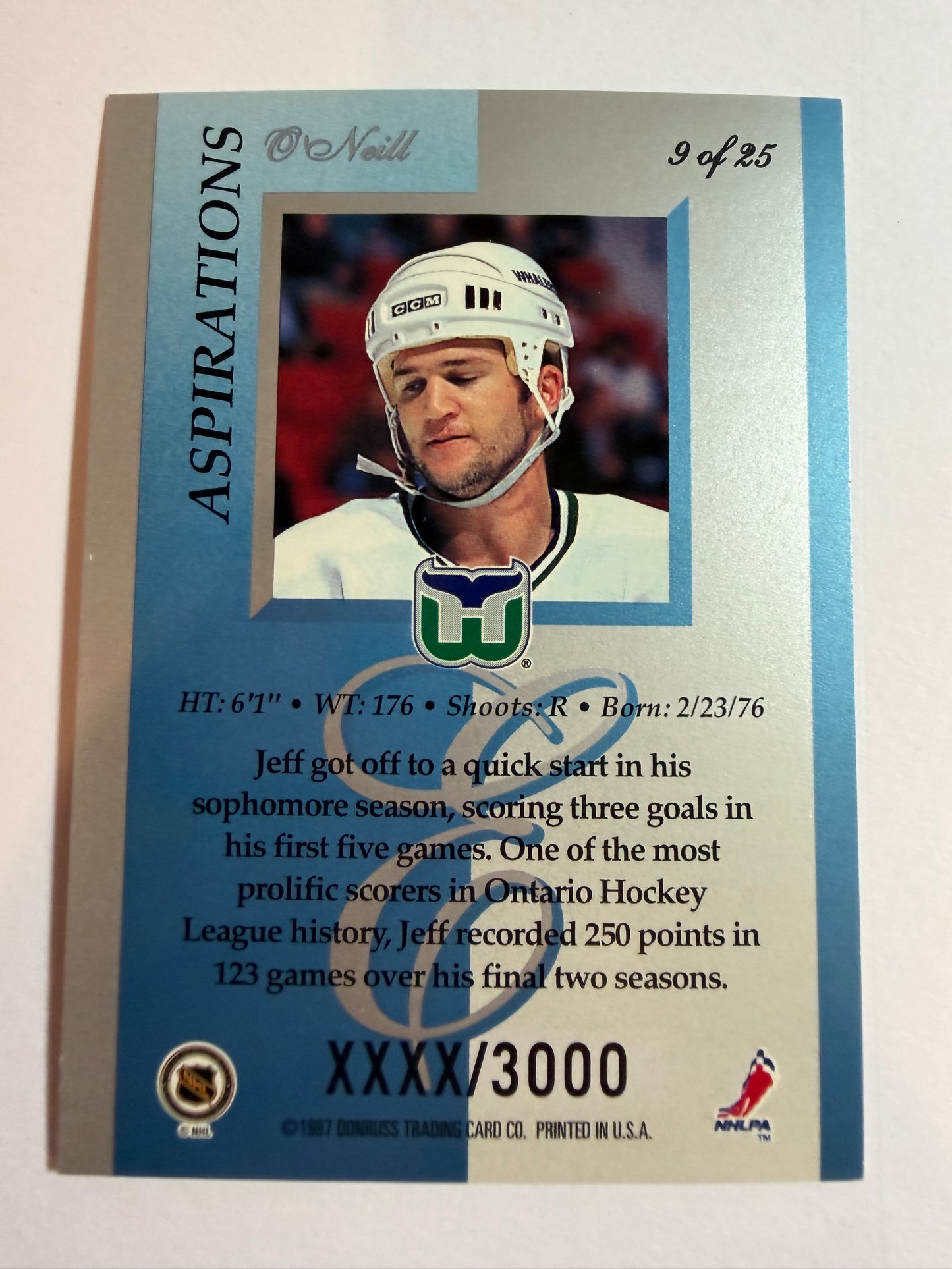 JEFF O'NEILL - 1996 Donruss Elite Aspirations #9, xxxx/3000