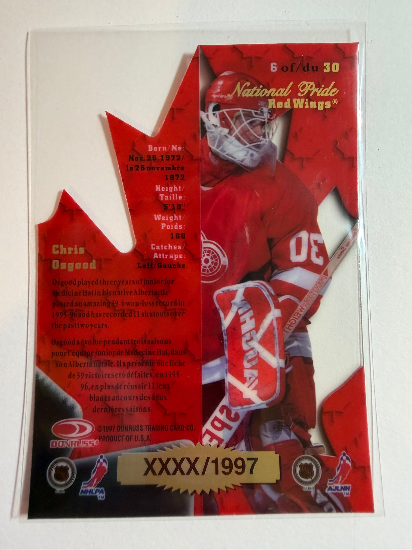 CHRIS OSGOOD - 1997 Donruss Canadian Ice National Pride Clear Cut Die Cut #6, xxxx/1997