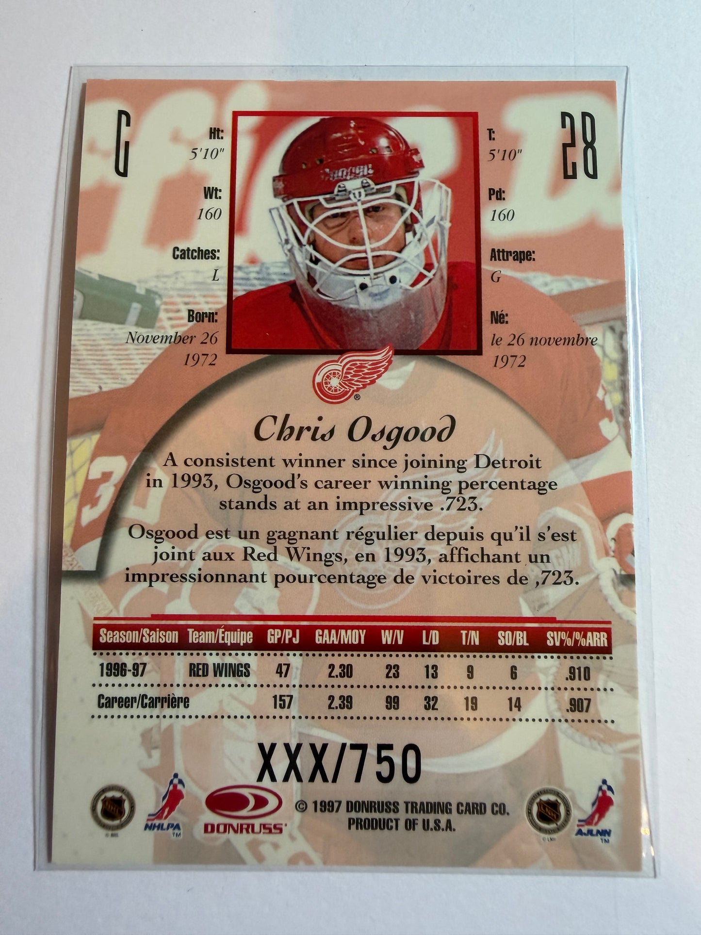 CHRIS OSGOOD - 1997 Donruss Canadian Ice Provincial Series #28, xxx/750