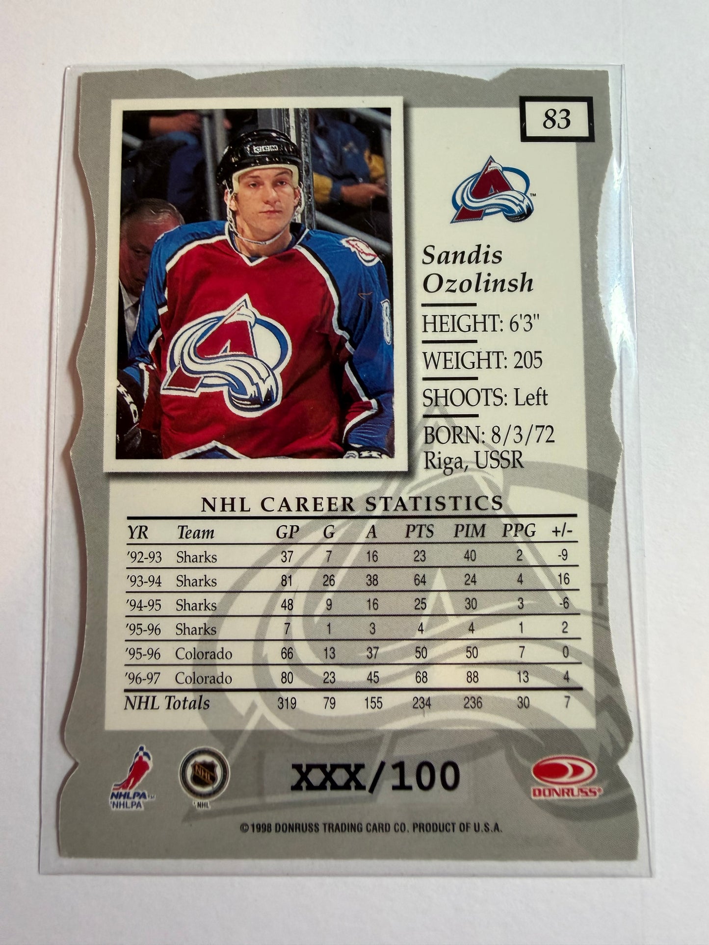 SANDIS OZOLINSH - 1997 Donruss Elite Status Die Cut #83, xxx/100