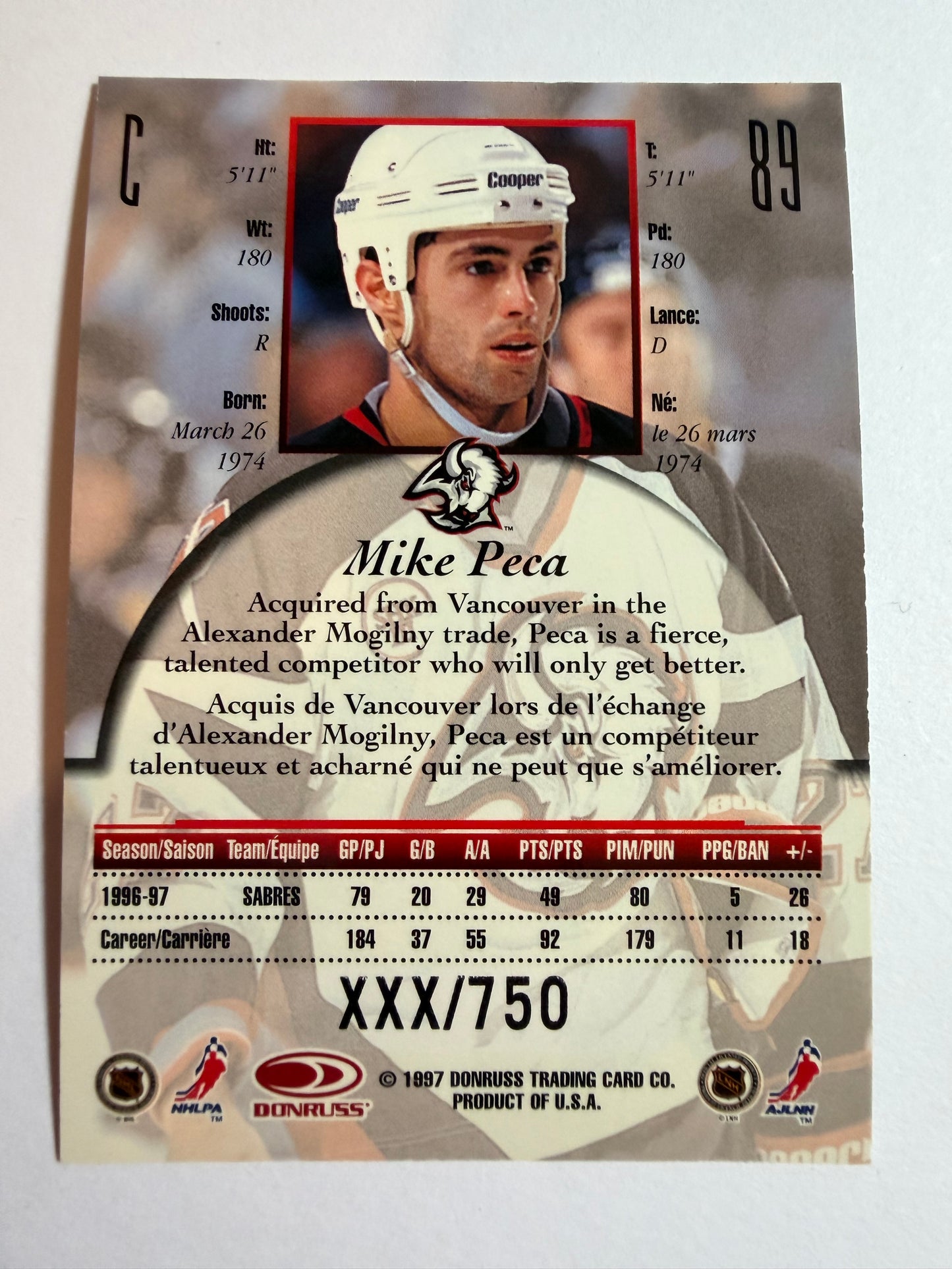 MIKE PECA - 1997 Donruss Canadian Ice Provincial Series #89, xxx/750