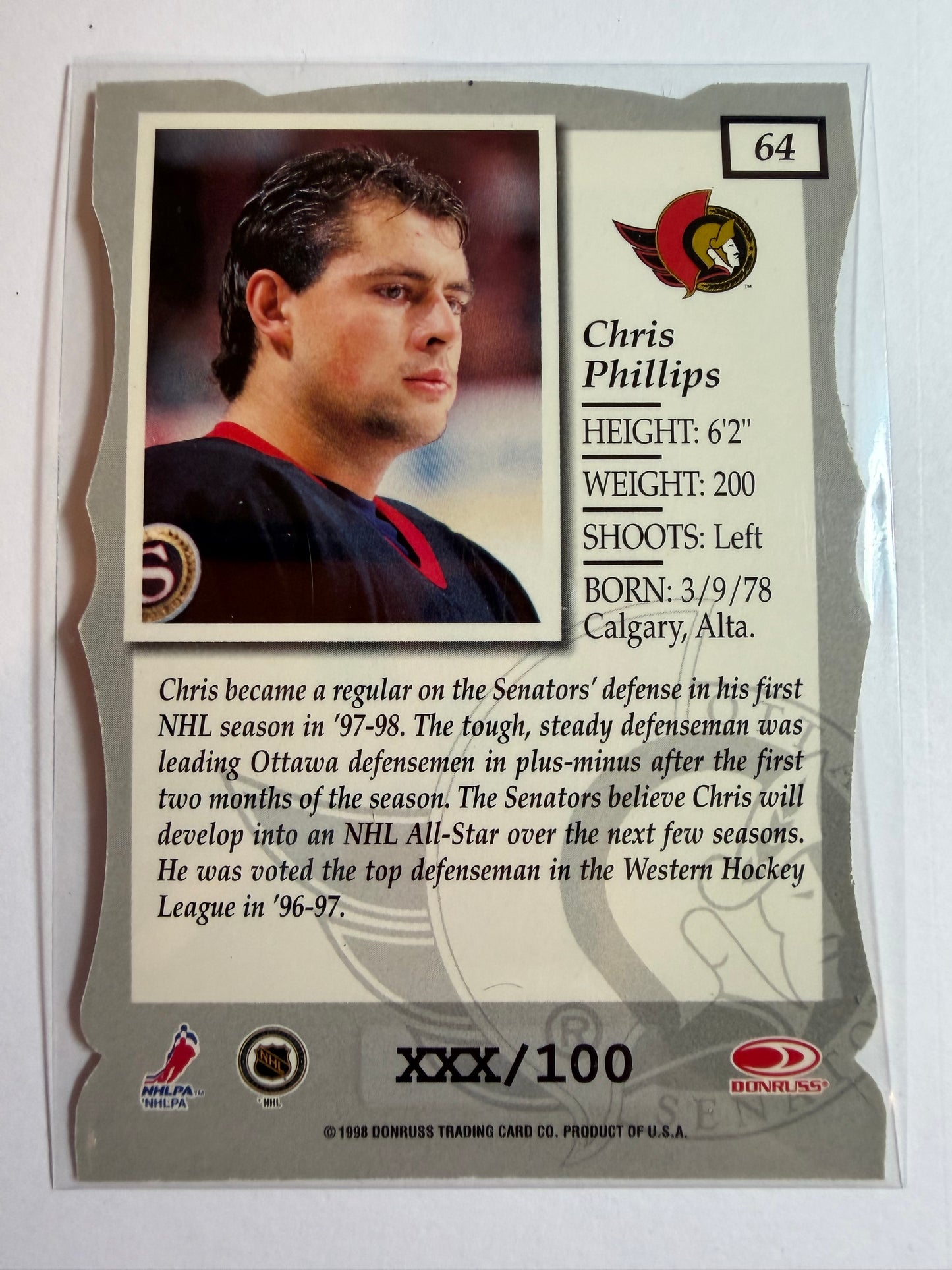 CHRIS PHILLIPS - 1997 Donruss Elite Status Die Cut #64, xxx/100