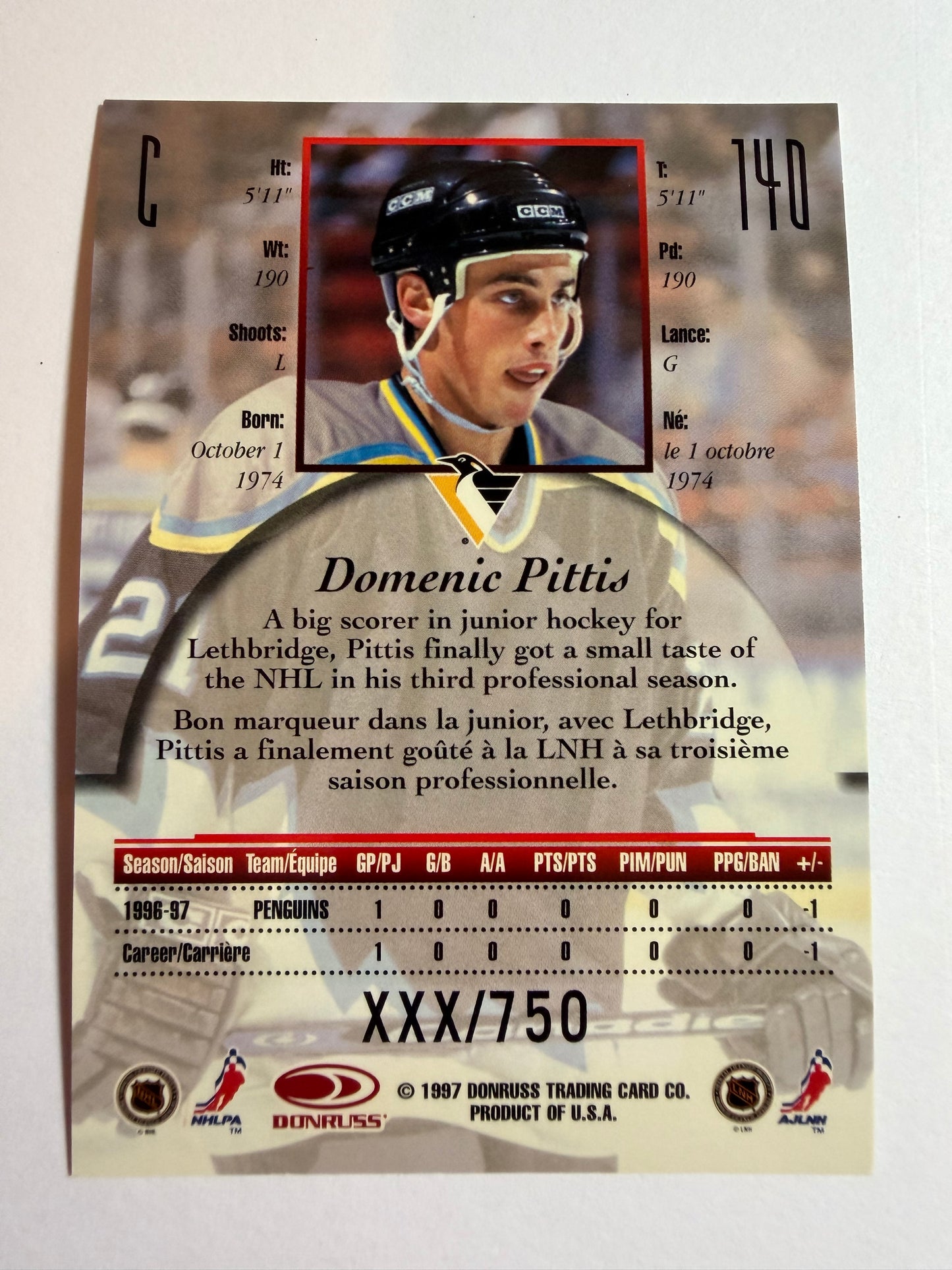DOMENIC PITTIS - 1997 Donruss Canadian Ice Provincial Series #140, xxx/750
