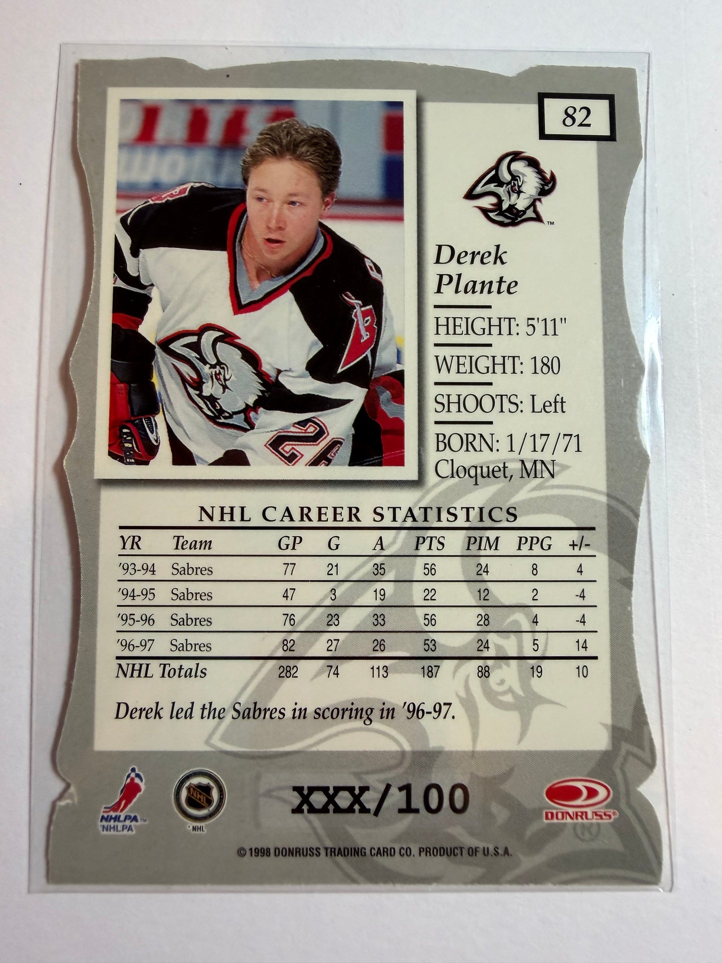 DEREK PLANTE - 1997 Donruss Elite Status Die Cut #82, xxx/100