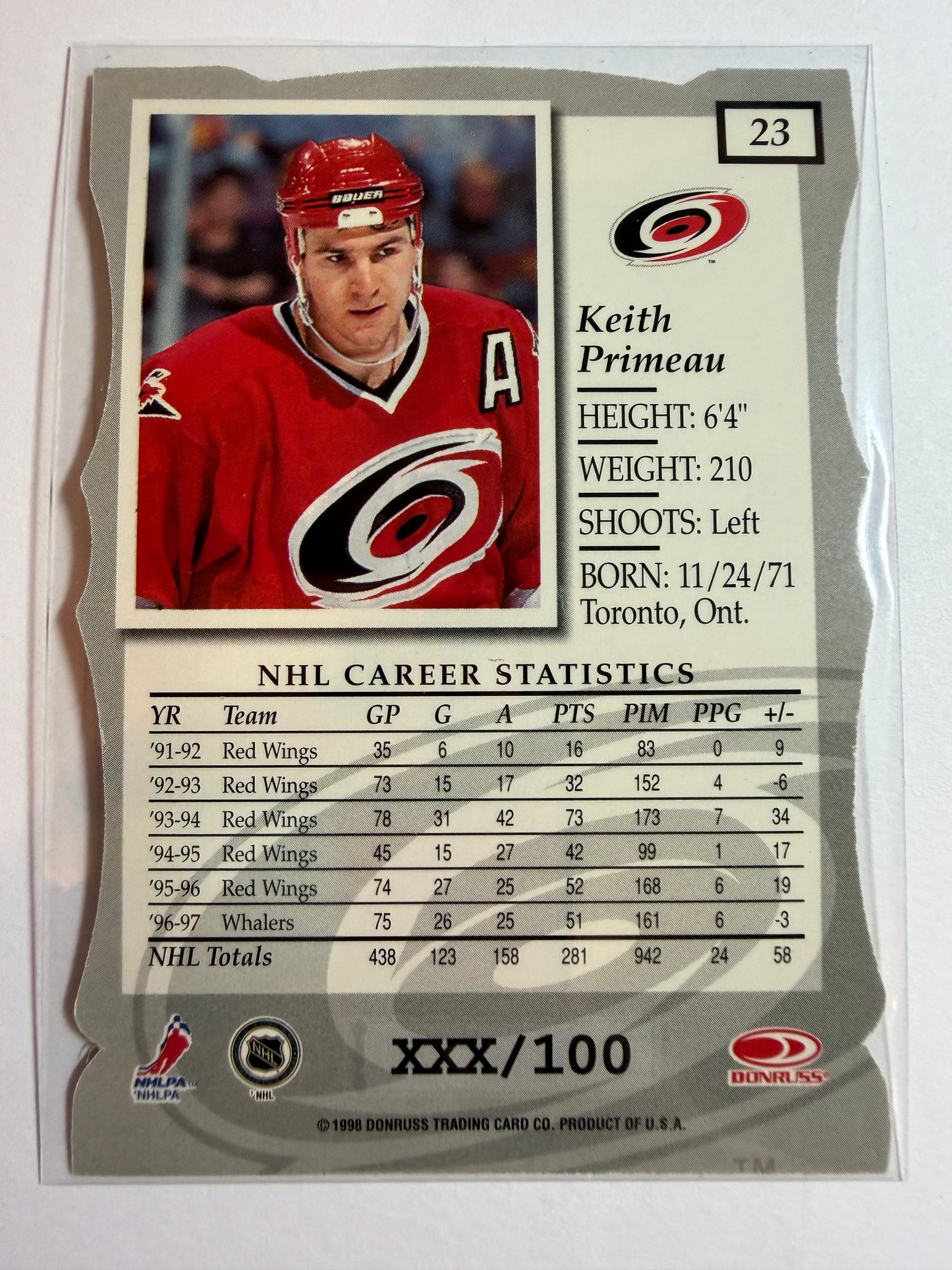 KEITH PRIMEAU - 1997 Donruss Elite Status Die Cut #23, xxx/100