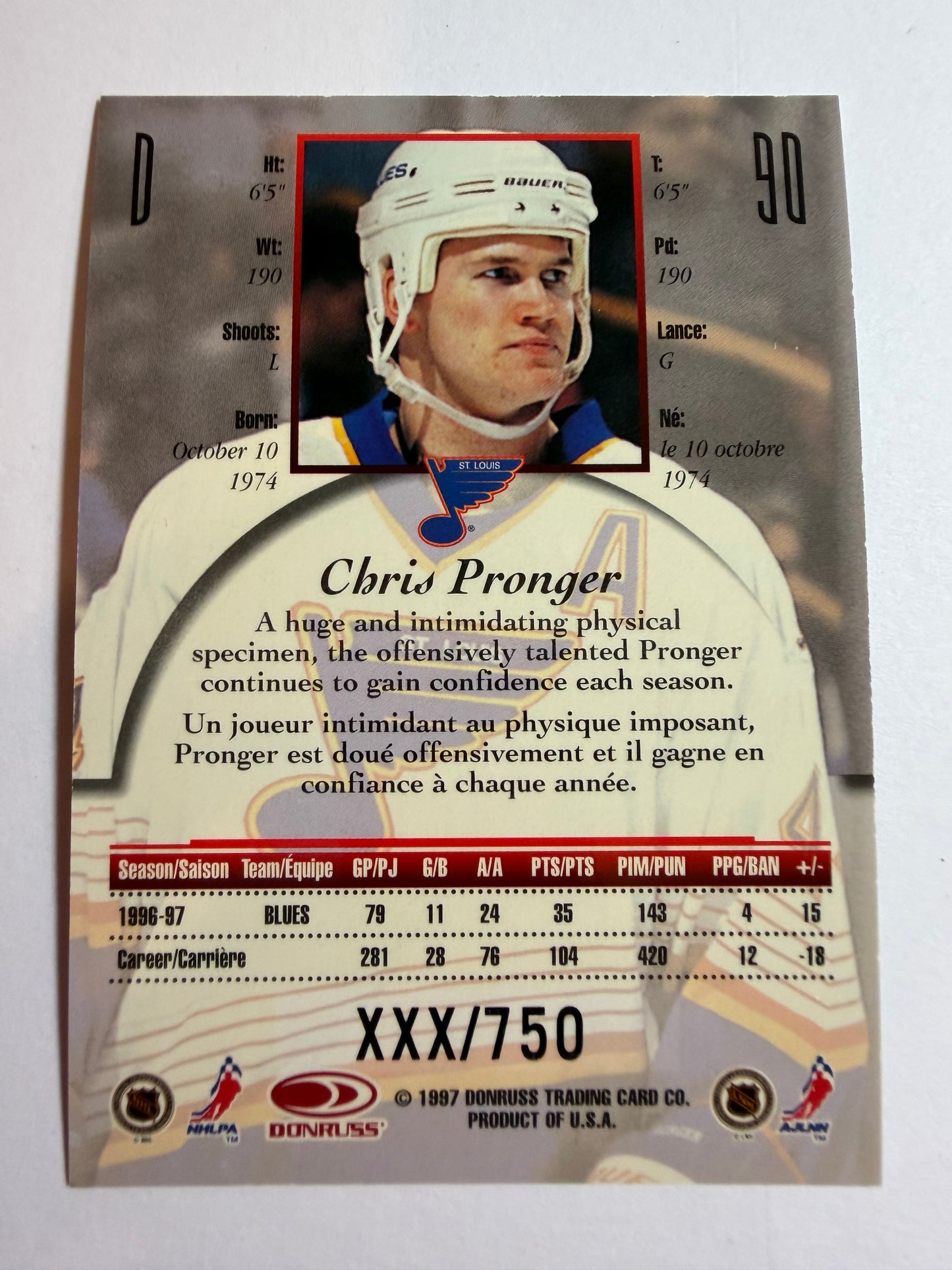CHRIS PRONGER - 1997 Donruss Canadian Ice Provincial Series #90, xxx/750