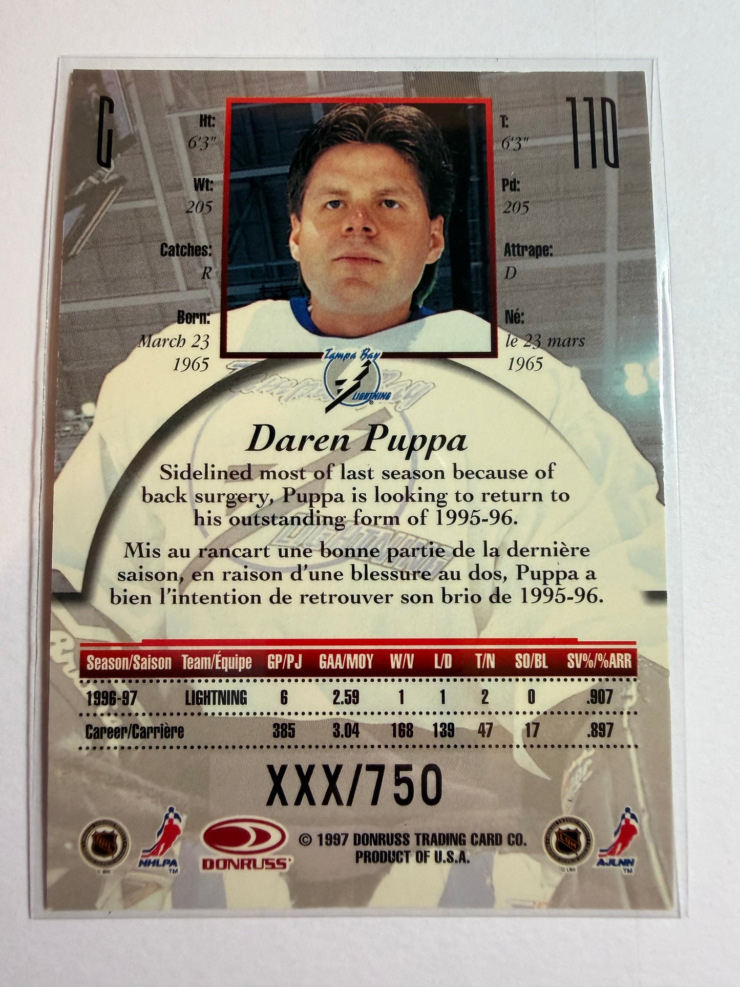 DAREN PUPPA - 1997 Donruss Canadian Ice Provincial Series #110, xxx/750