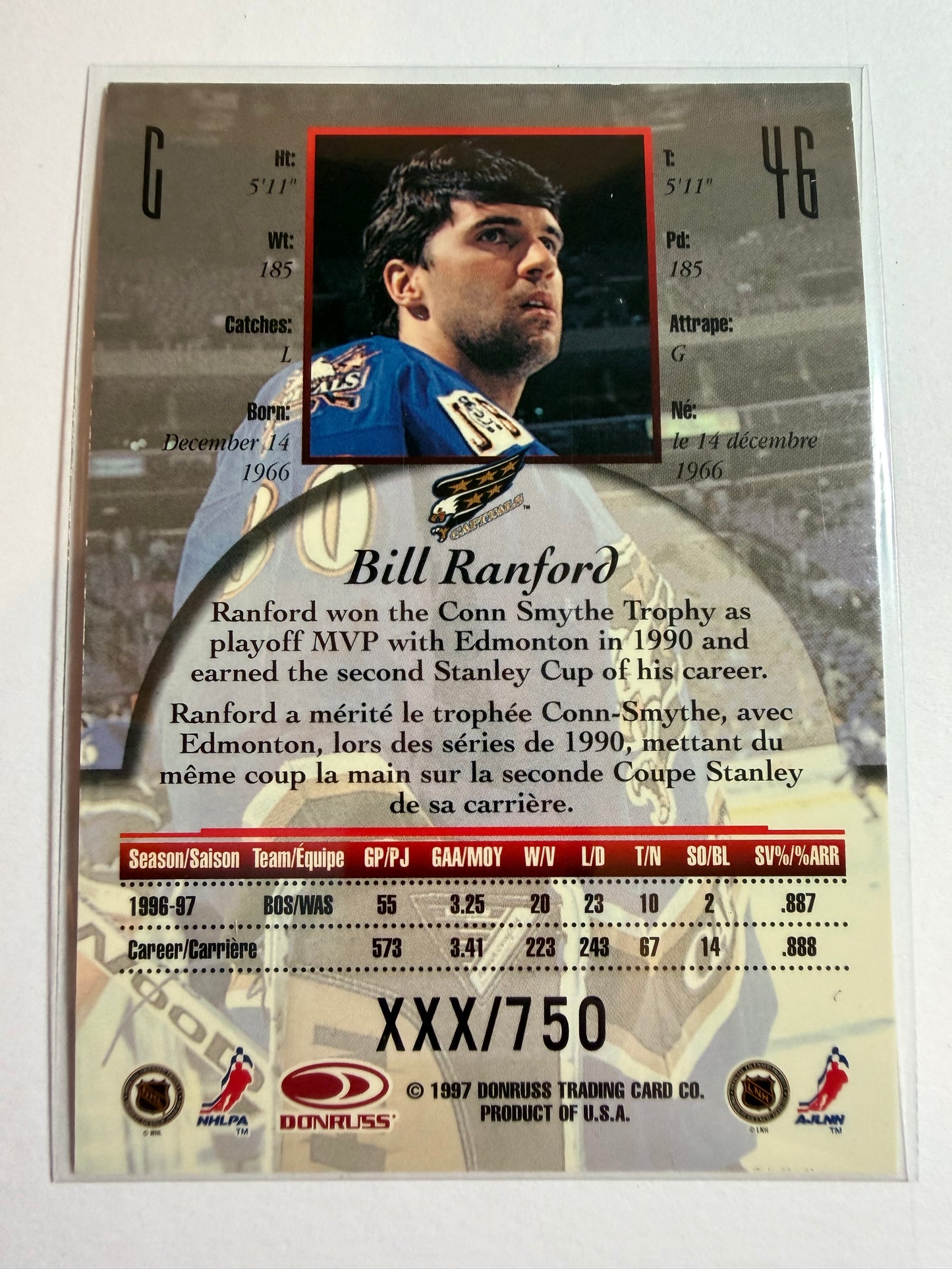 BILL RANFORD - 1997 Donruss Canadian Ice Provincial Series #46, xxx/750
