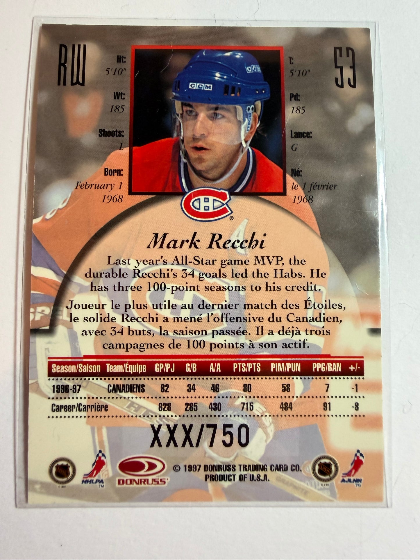 MARK RECCHI - 1997 Donruss Canadian Ice Provincial Series #53, xxx/750