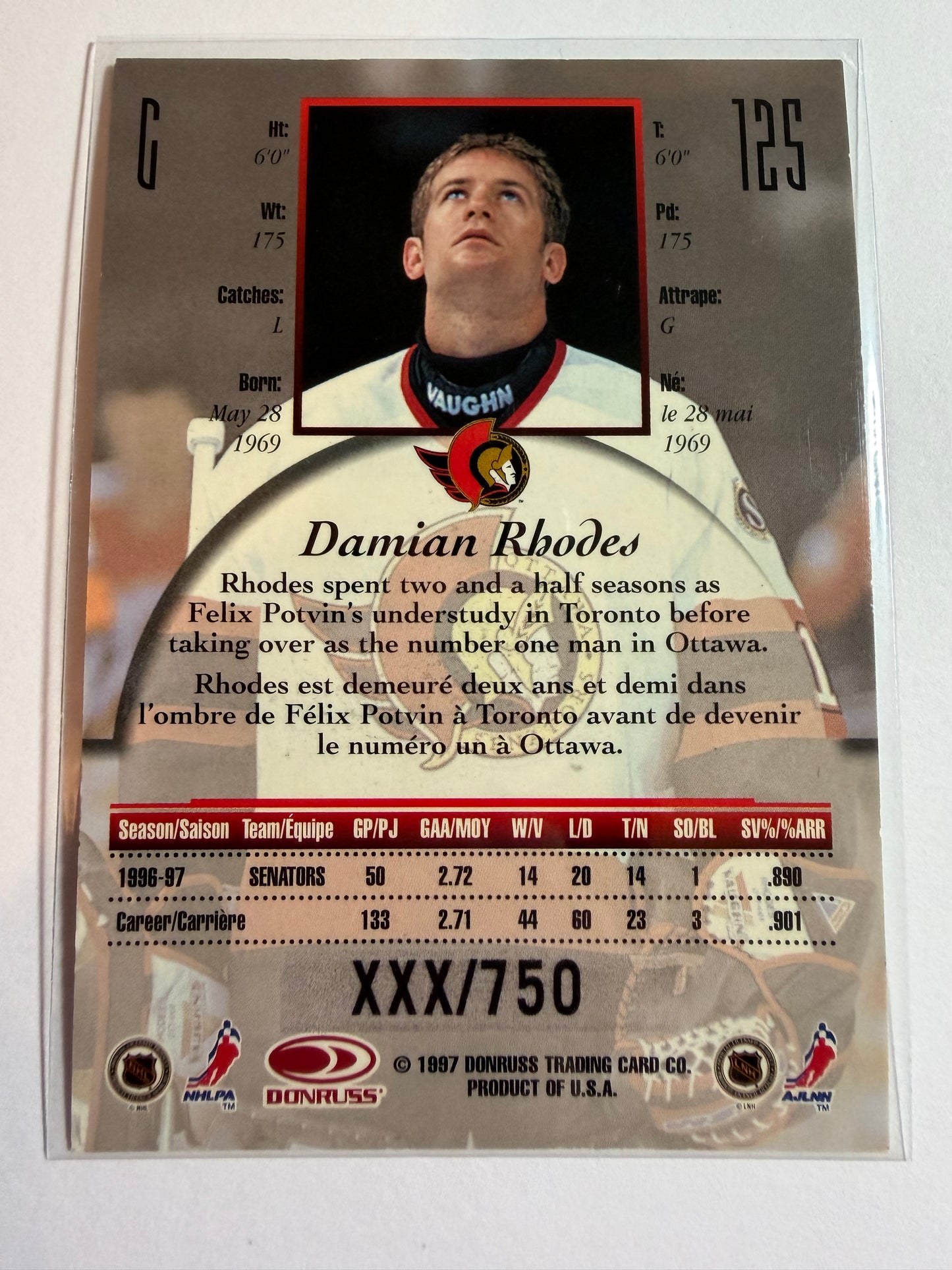 DAMIAN RHODES - 1997 Donruss Canadian Ice Provincial Series #125, xxx/750