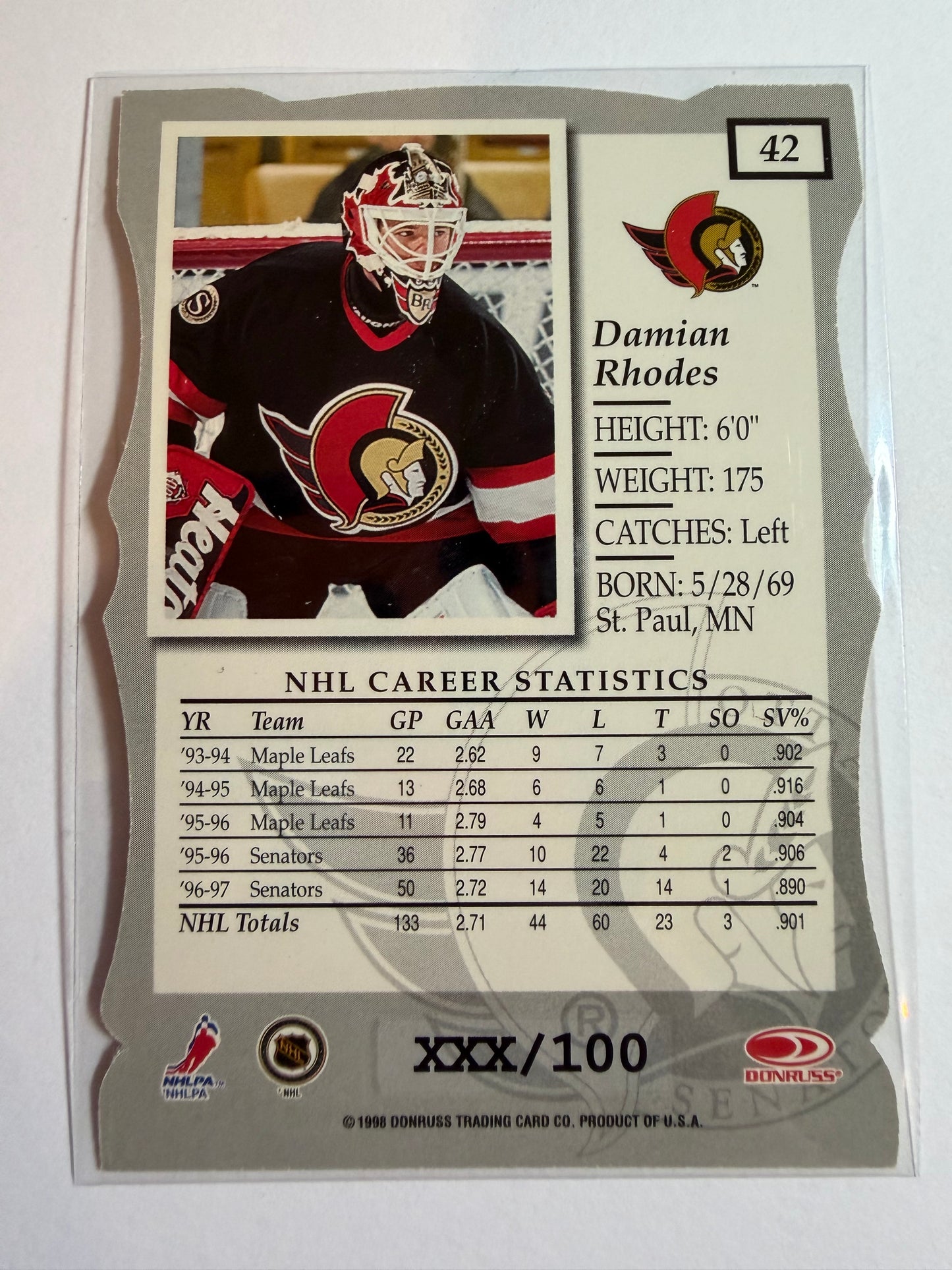 DAMIAN RHODES - 1997 Donruss Elite Status Die Cut #42, xxx/100