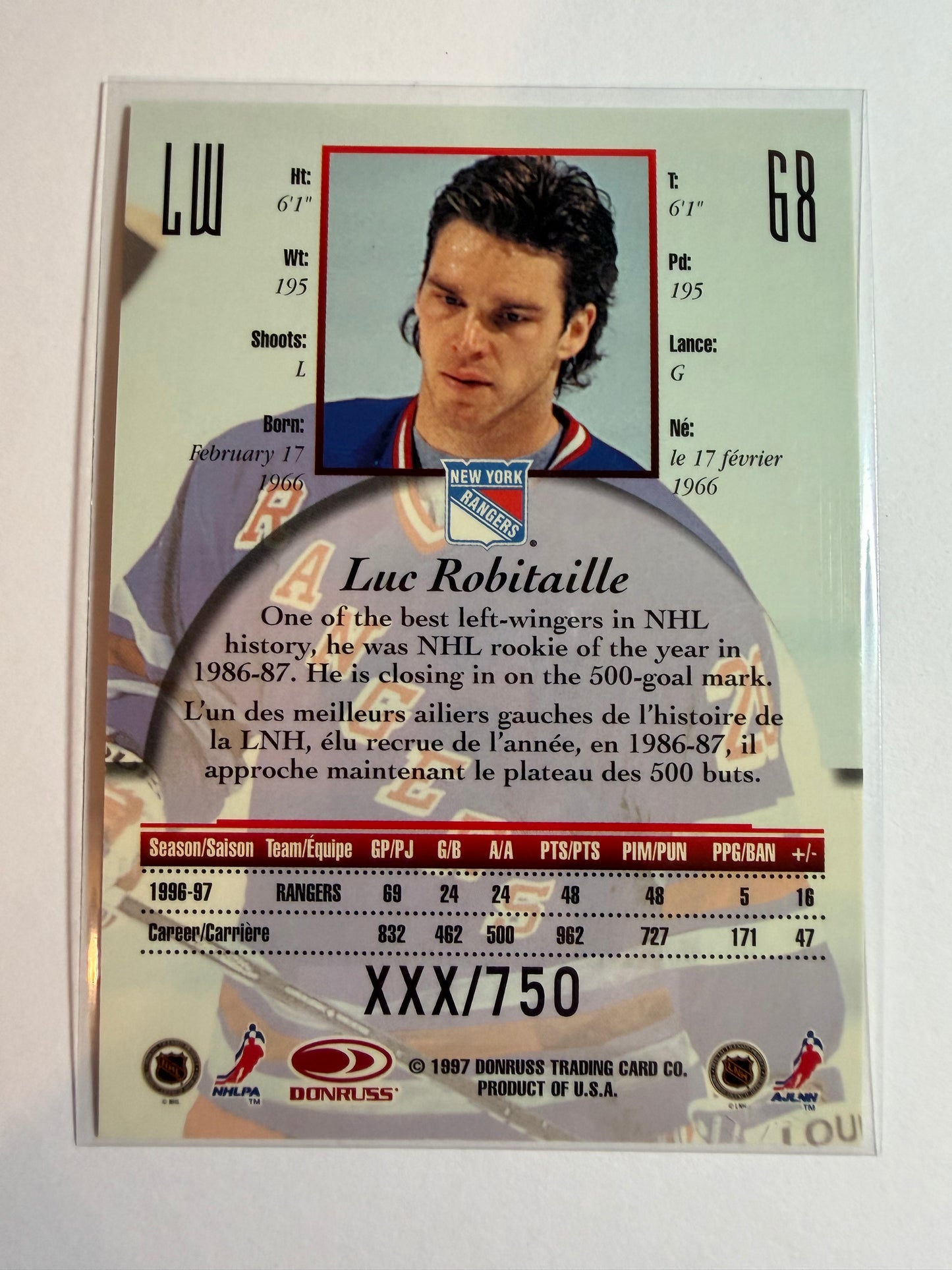 LUC ROBITAILLE - 1997 Donruss Canadian Ice Provincial Series #68, xxx/750
