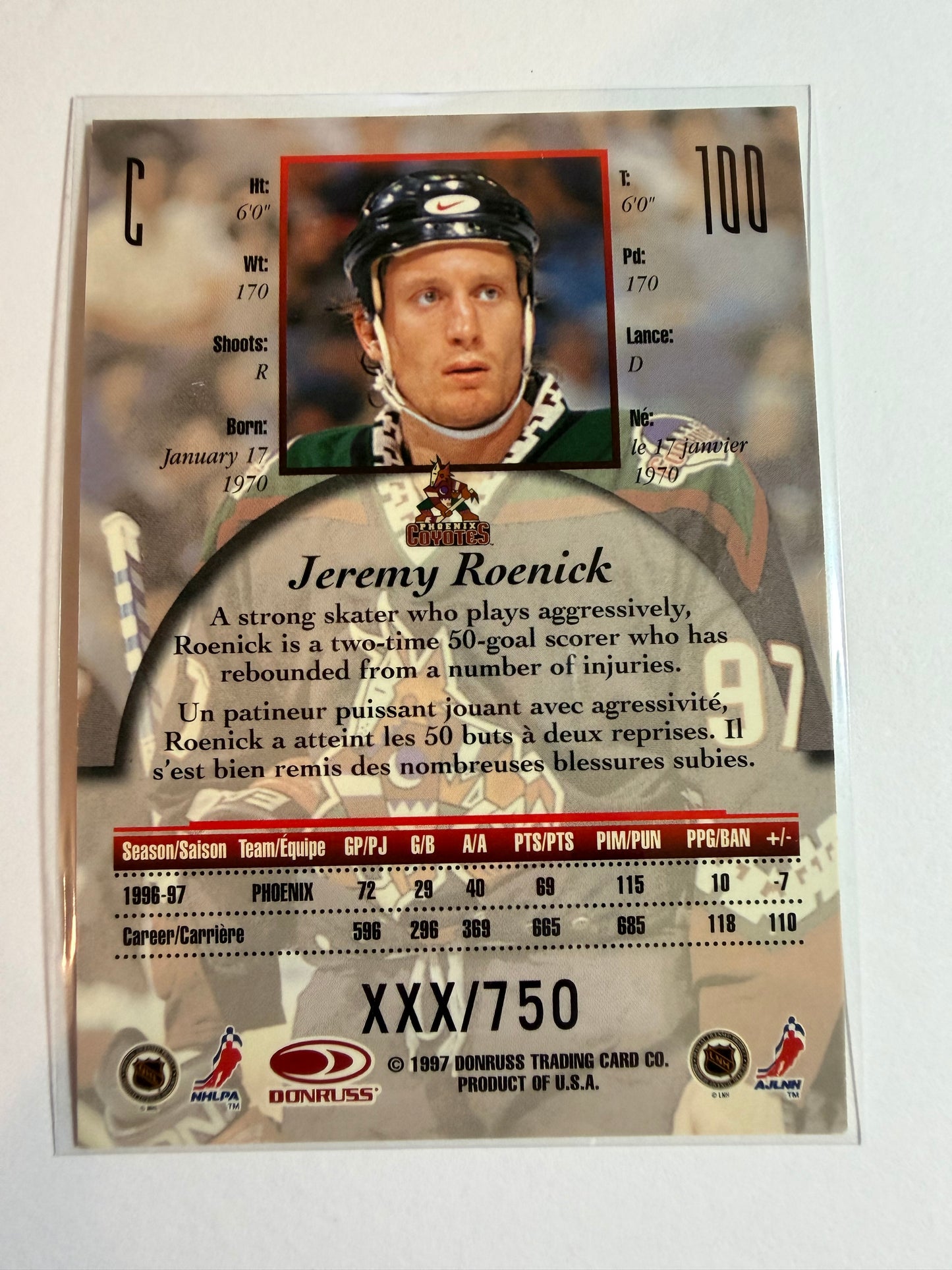 JEREMY ROENICK - 1997 Donruss Canadian Ice Provincial Series #100, xxx/750