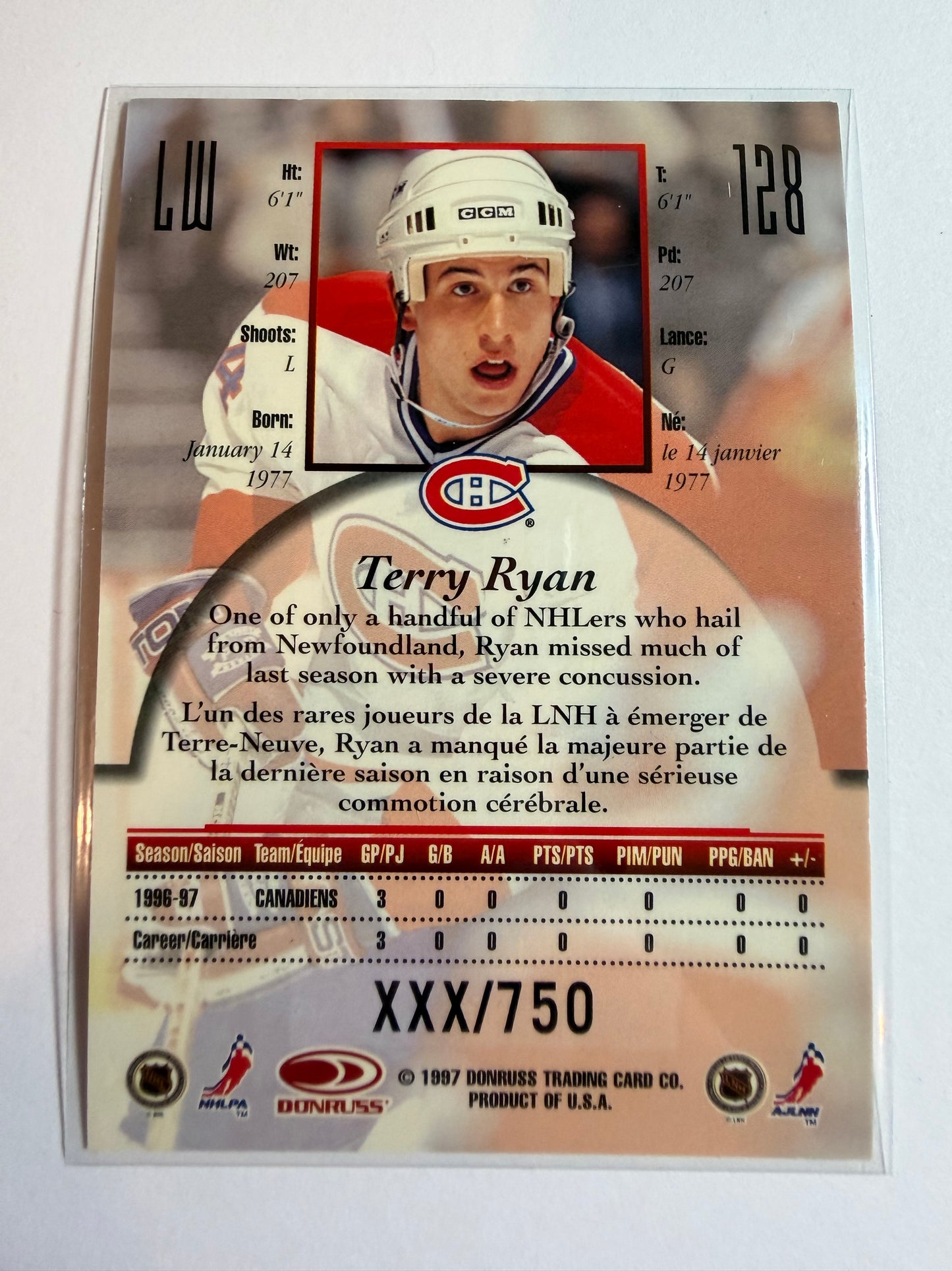 TERRY RYAN - 1997 Donruss Canadian Ice Provincial Series #128, xxx/750