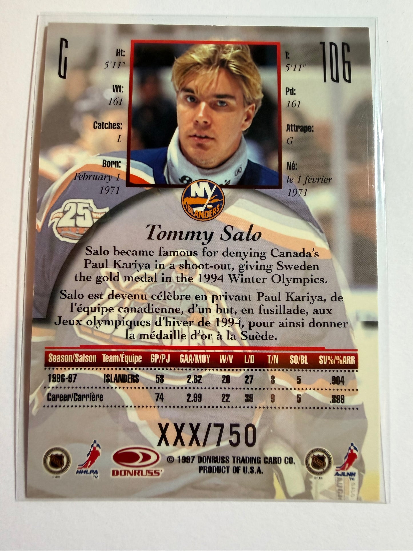 TOMMY SALO - 1997 Donruss Canadian Ice Provincial Series #106, xxx/750