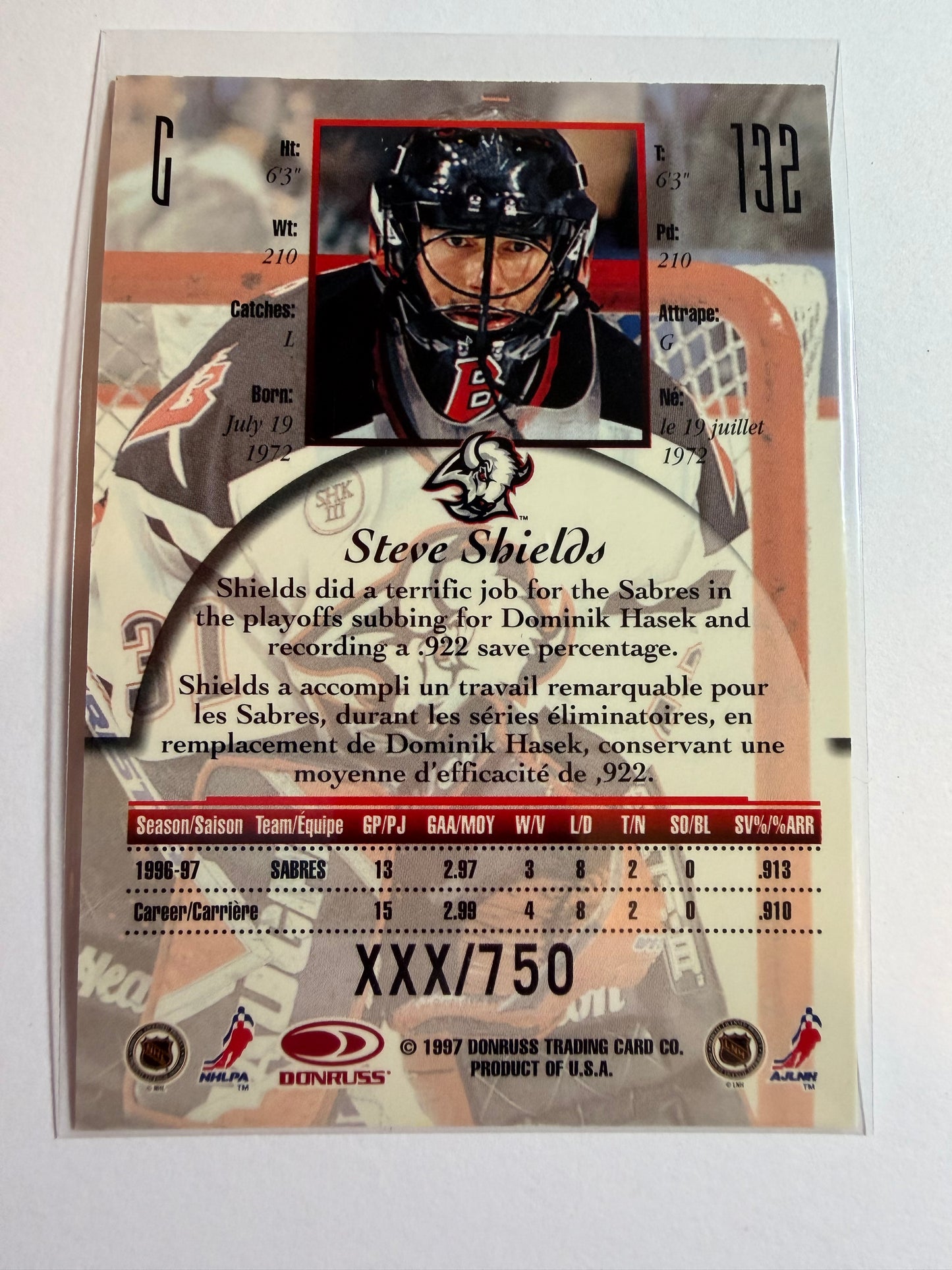 STEVE SHIELDS - 1997 Donruss Canadian Ice Provincial Series #132, xxx/750