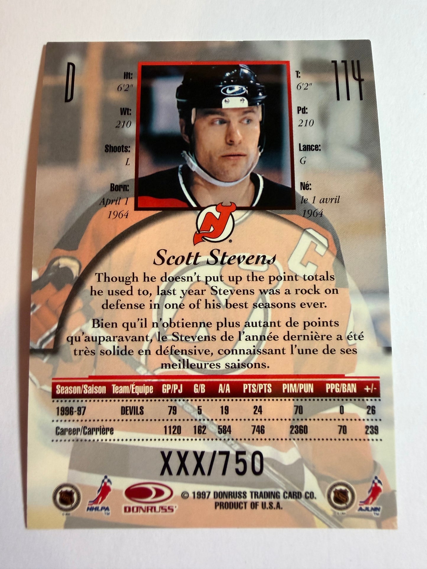 SCOTT STEVENS - 1997 Donruss Canadian Ice Provincial Series #114, xxx/750