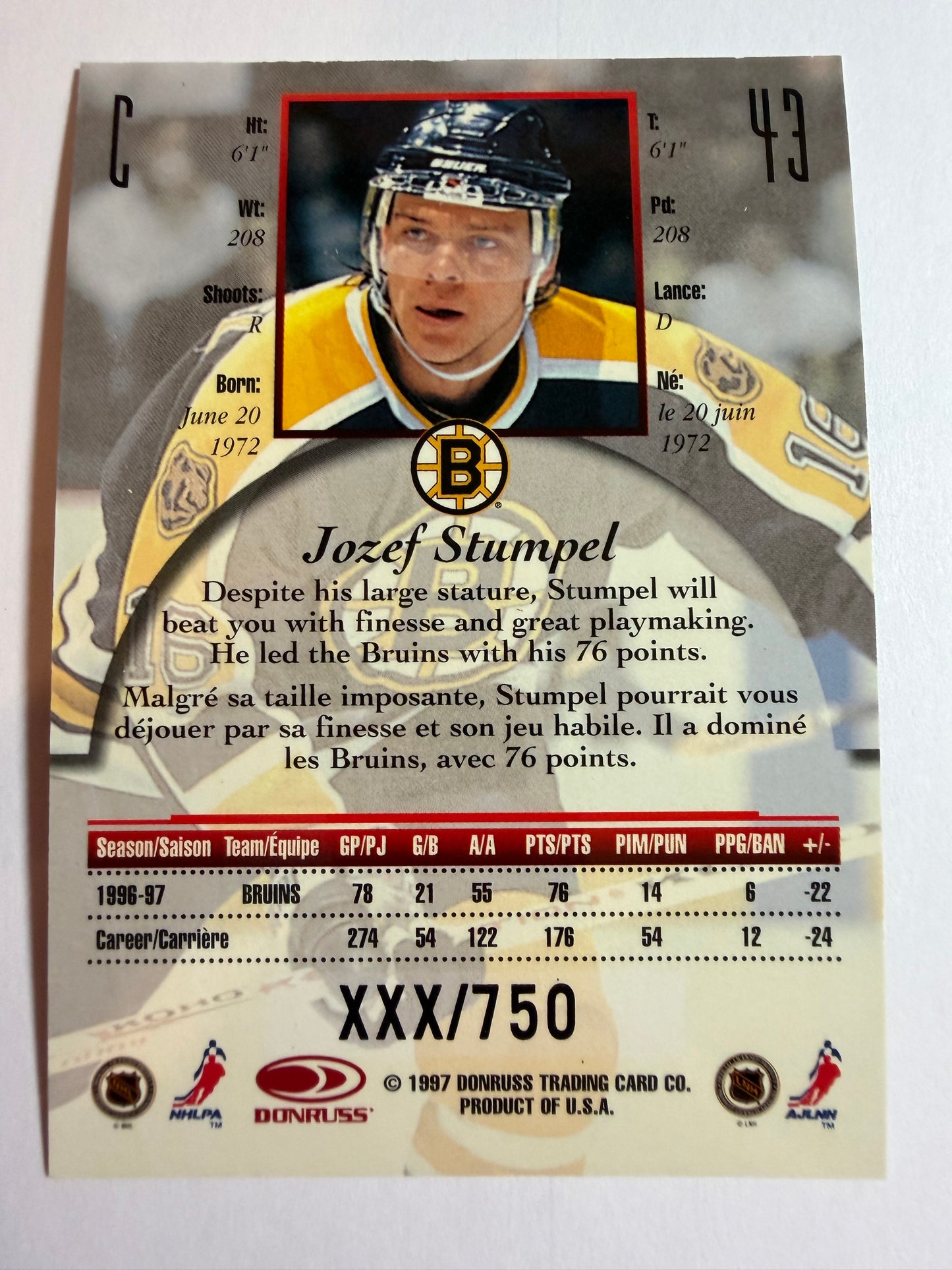 JOZEF STUMPEL - 1997 Donruss Canadian Ice Provincial Series #43, xxx/750