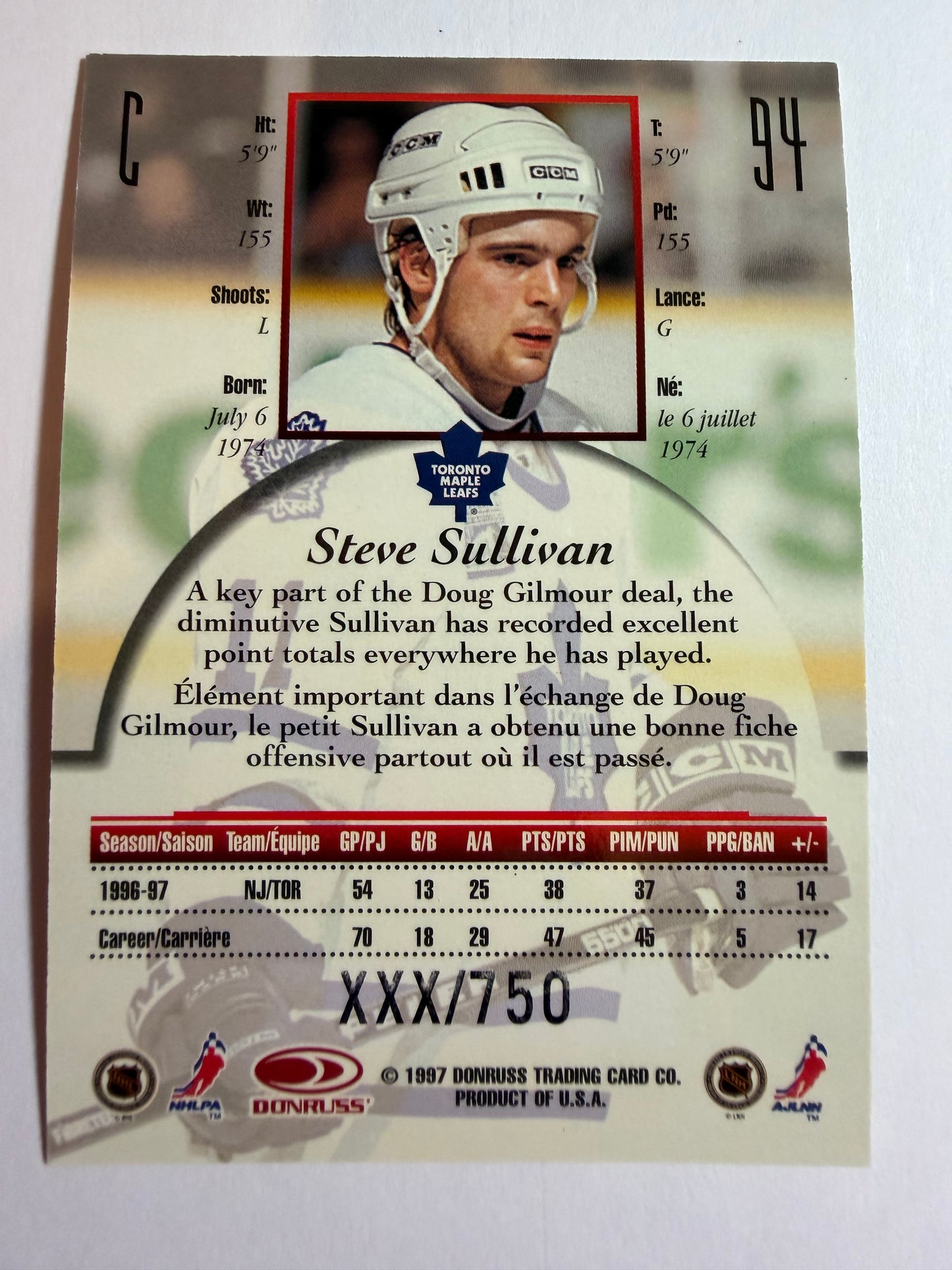 STEVE SULLIVAN - 1997 Donruss Canadian Ice Provincial Series #94, xxx/750