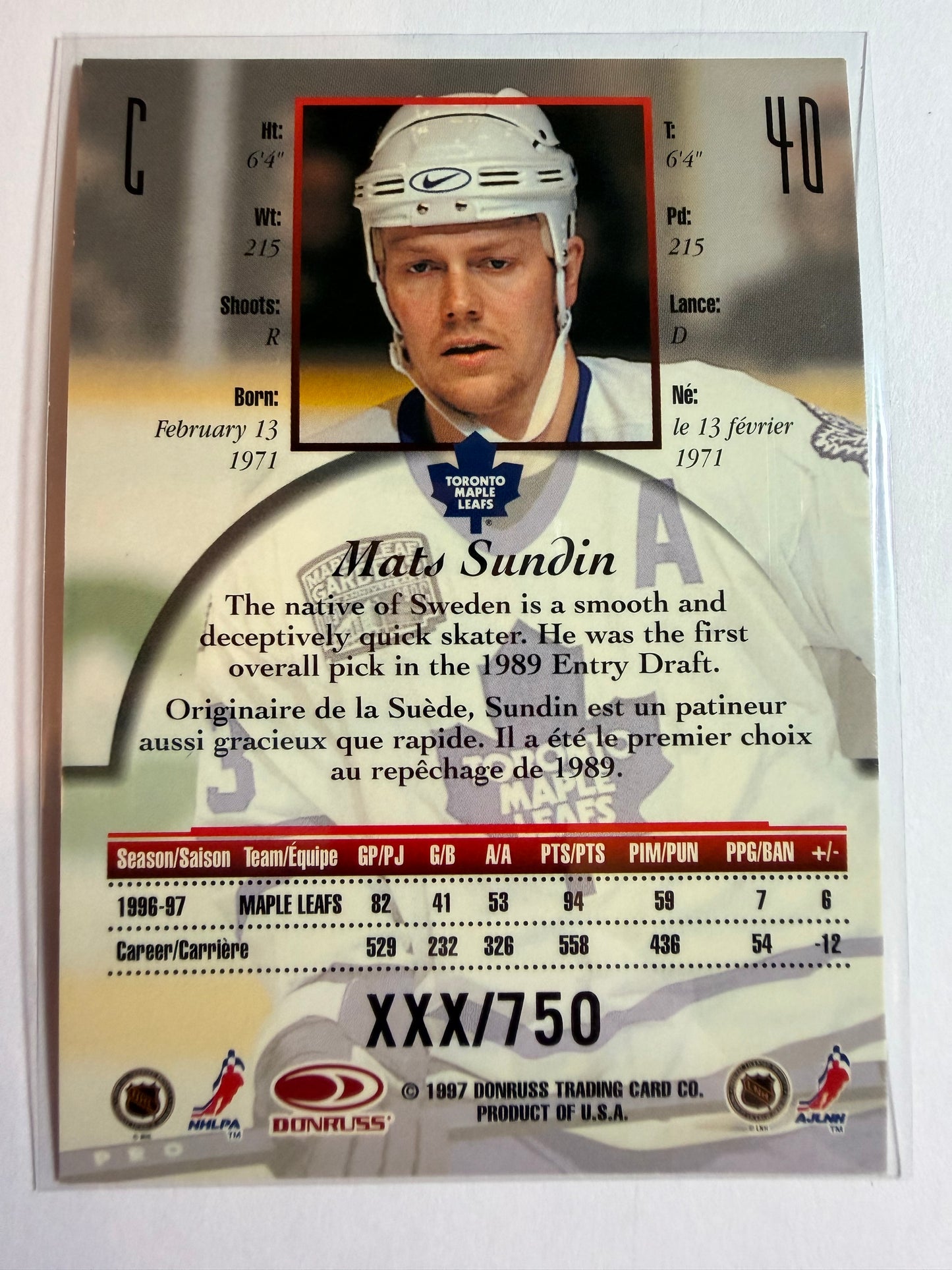 MATS SUNDIN - 1997 Donruss Canadian Ice Provincial Series #40, xxx/750