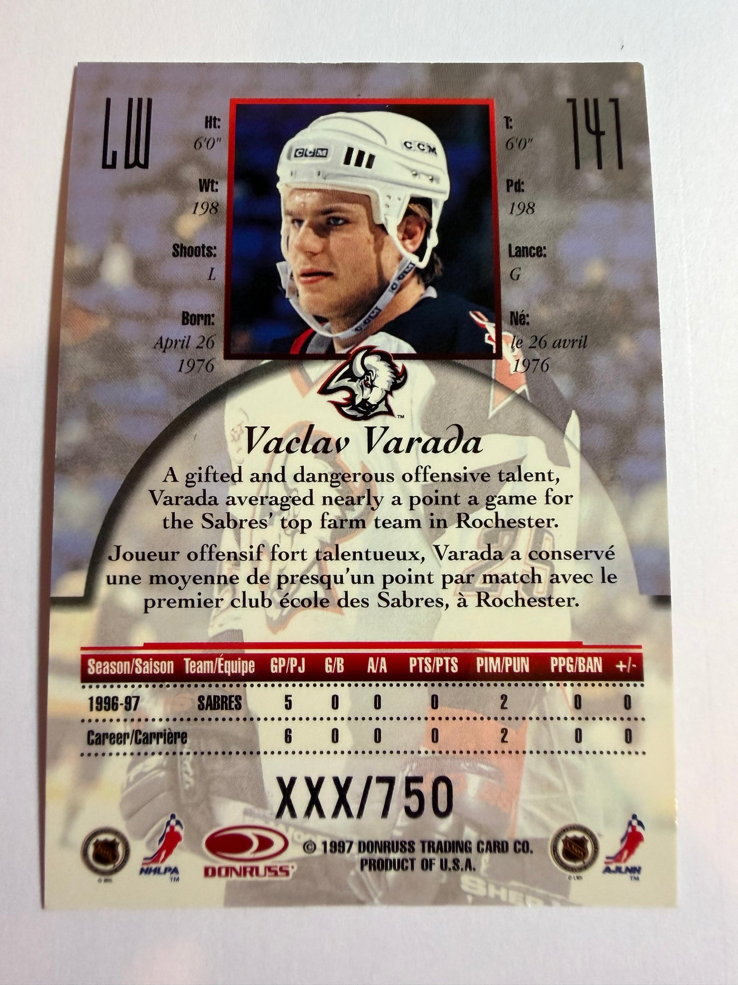 VACLAV VARADA - 1997 Donruss Canadian Ice Provincial Series #141, xxx/750