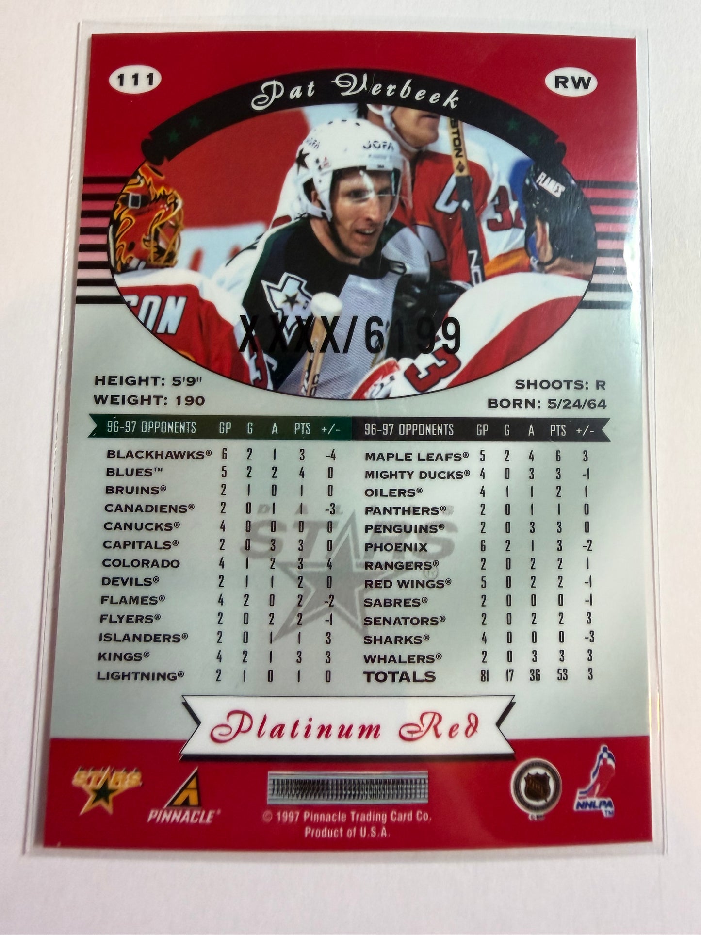 PAT VERBEEK - 1997 Pinnacle Totally Certified Platinum Red #111, xxxx/6199
