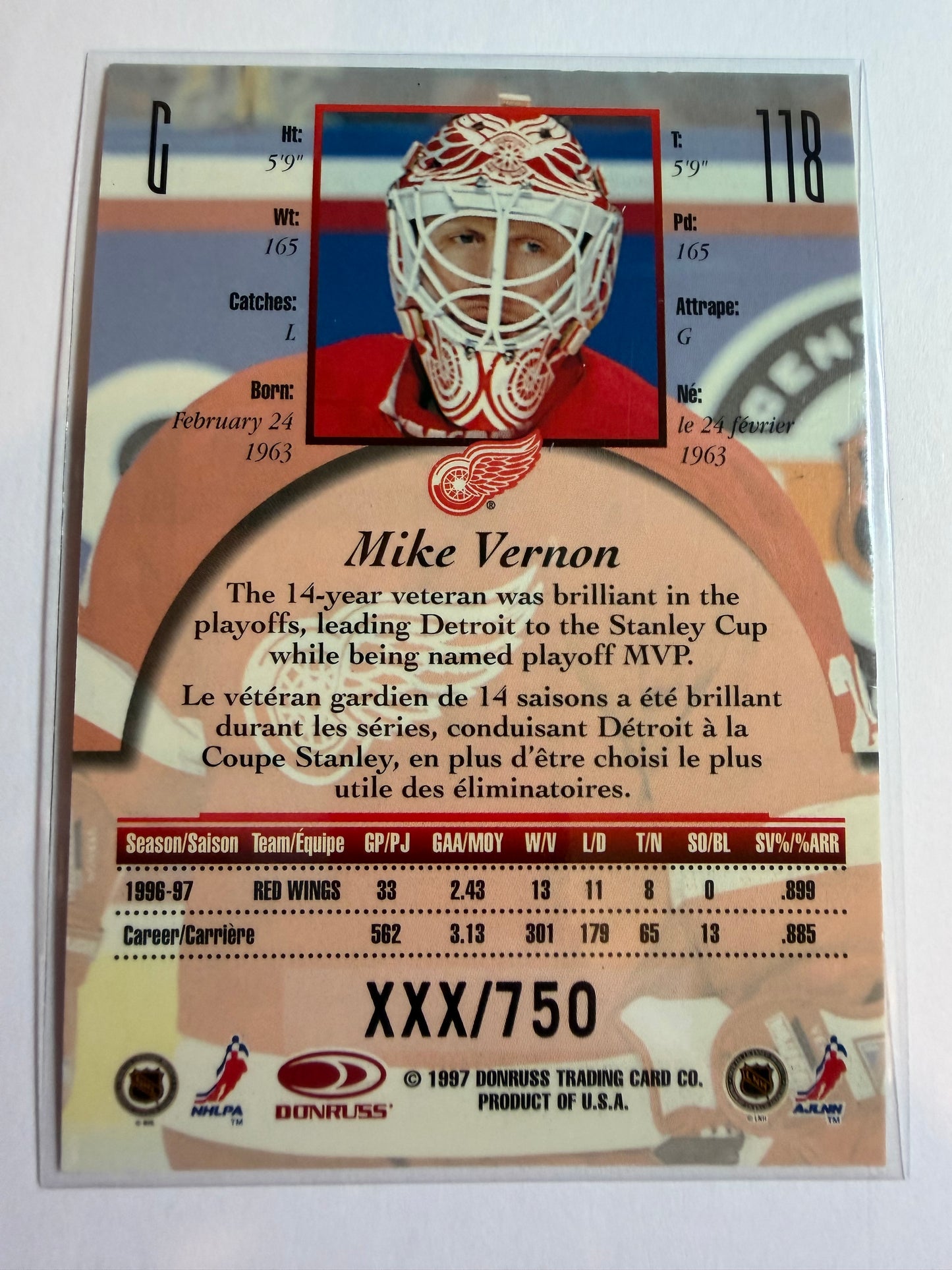 MIKE VERNON - 1997 Donruss Canadian Ice Provincial Series #118, xxx/750