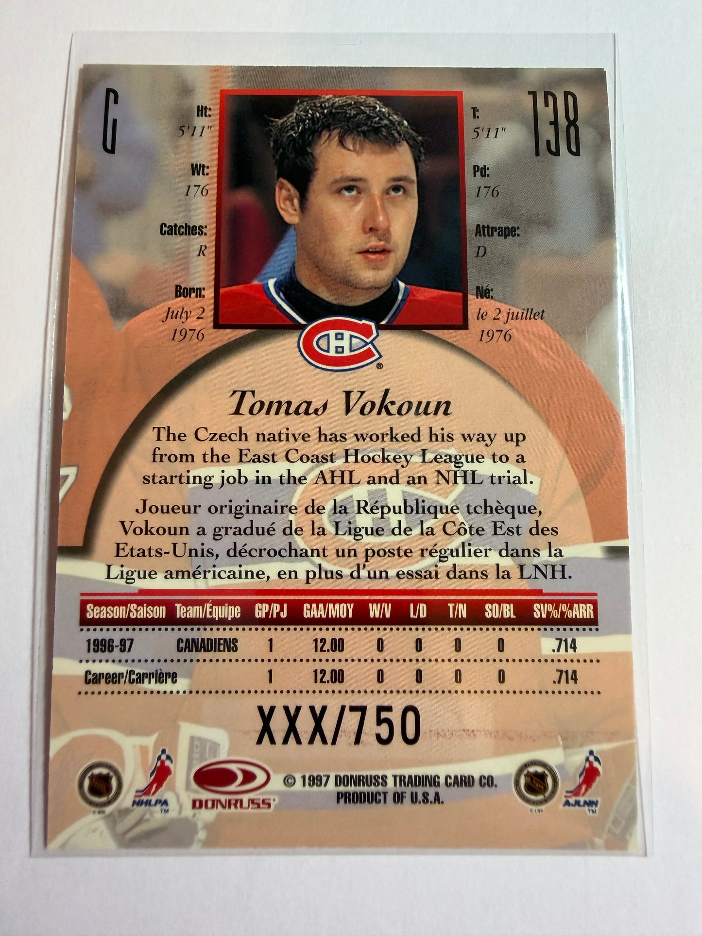 TOMAS VOKOUN - 1997 Donruss Canadian Ice Provincial Series #138, xxx/750