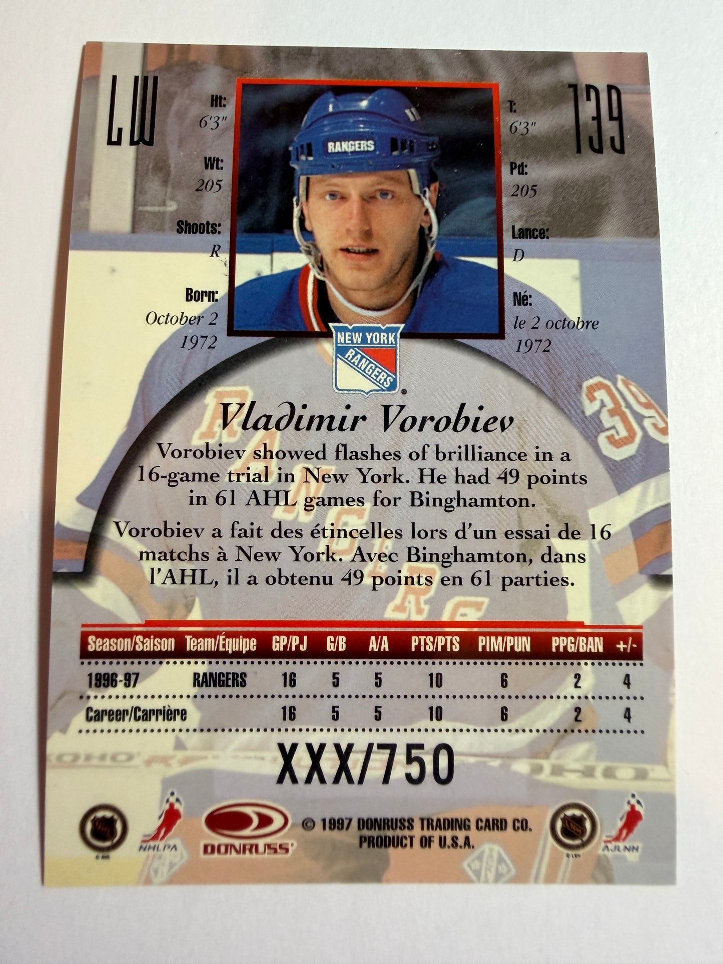 VLADIMIR VOROBIEV - 1997 Donruss Canadian Ice Provincial Series #139, xxx/750