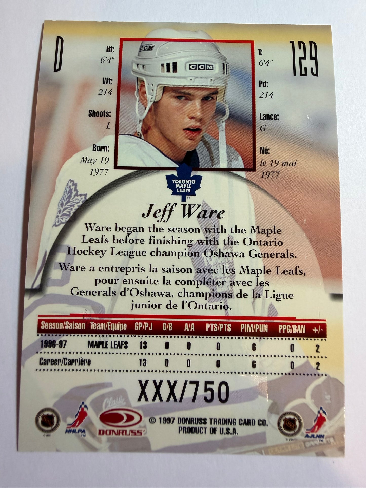JEFF WARE - 1997 Donruss Canadian Ice Provincial Series #129, xxx/750