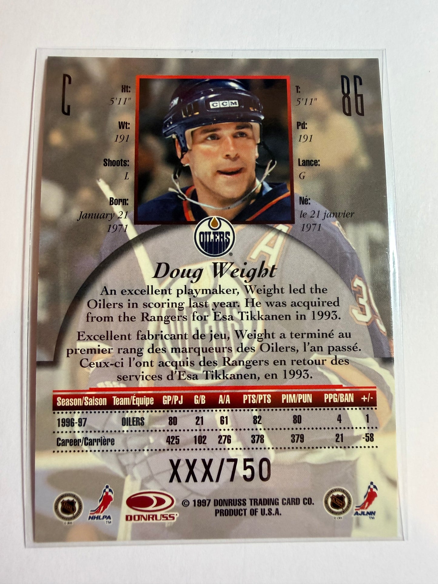 DOUG WEIGHT - 1997 Donruss Canadian Ice Provincial Series #86, xxx/750