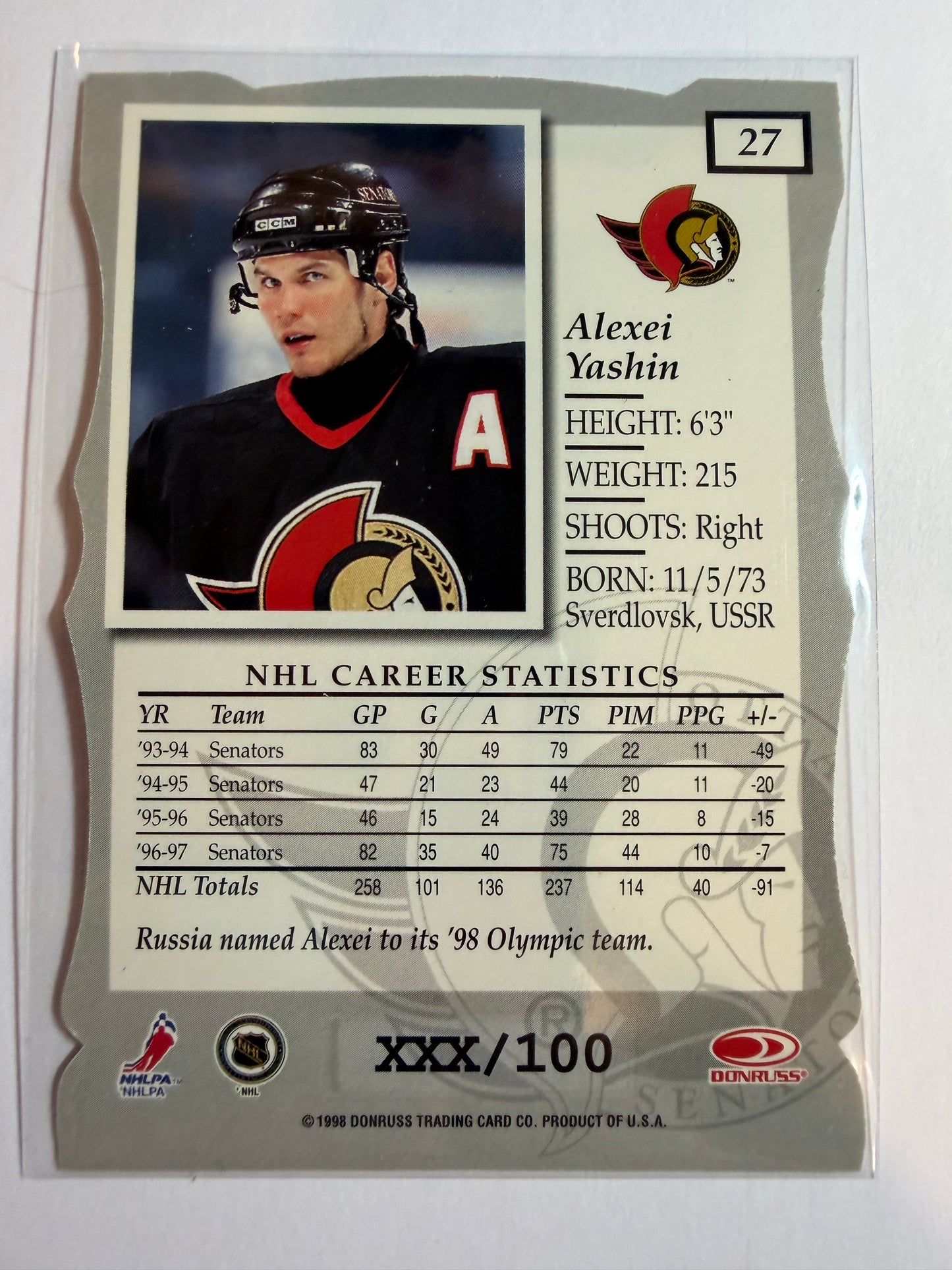 ALEXEI YASHIN - 1997 Donruss Elite Status Die Cut #27, xxx/100