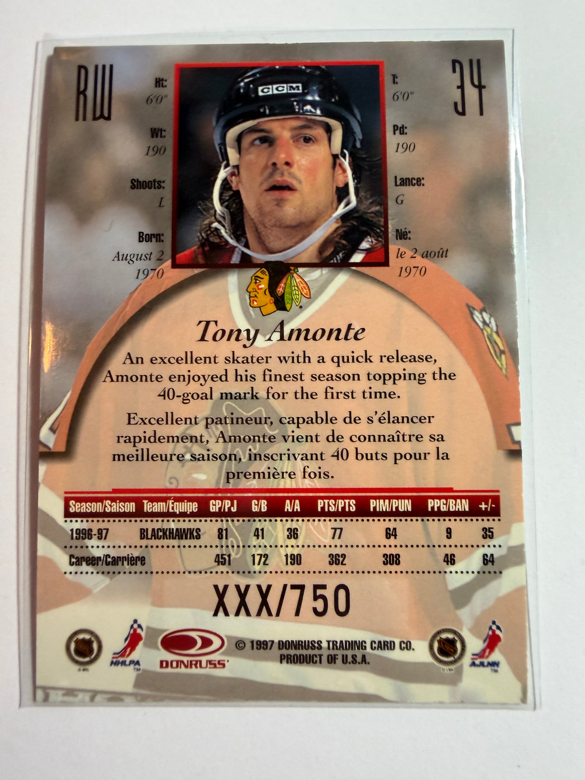 TONY AMONTE - 1997 Donruss Canadian Ice Provincial Series #34, xxx/750