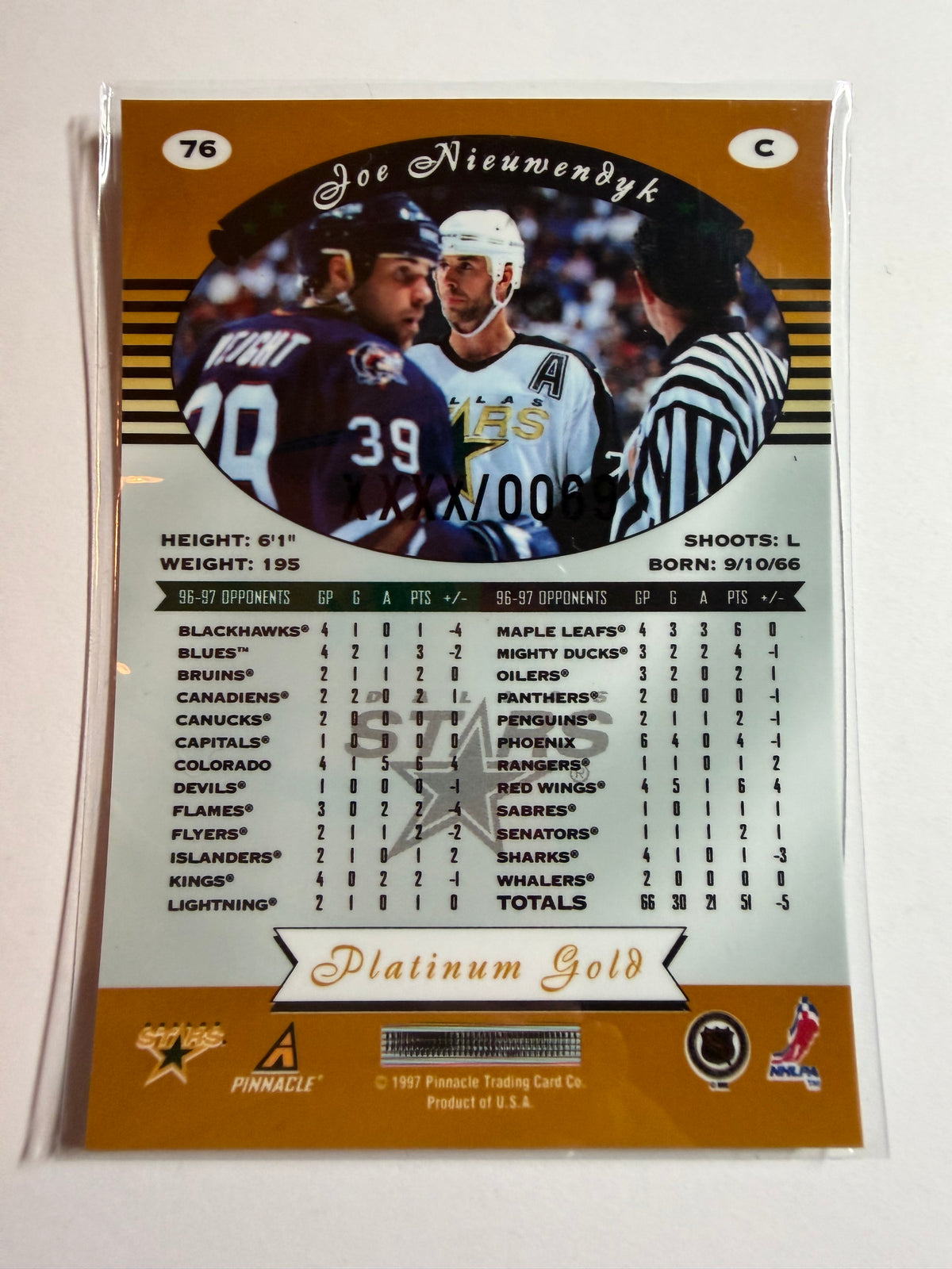 JOE NIEUWENDYK - 1997 Pinnacle Totally Certified Platinum Gold #76, xxxx/69