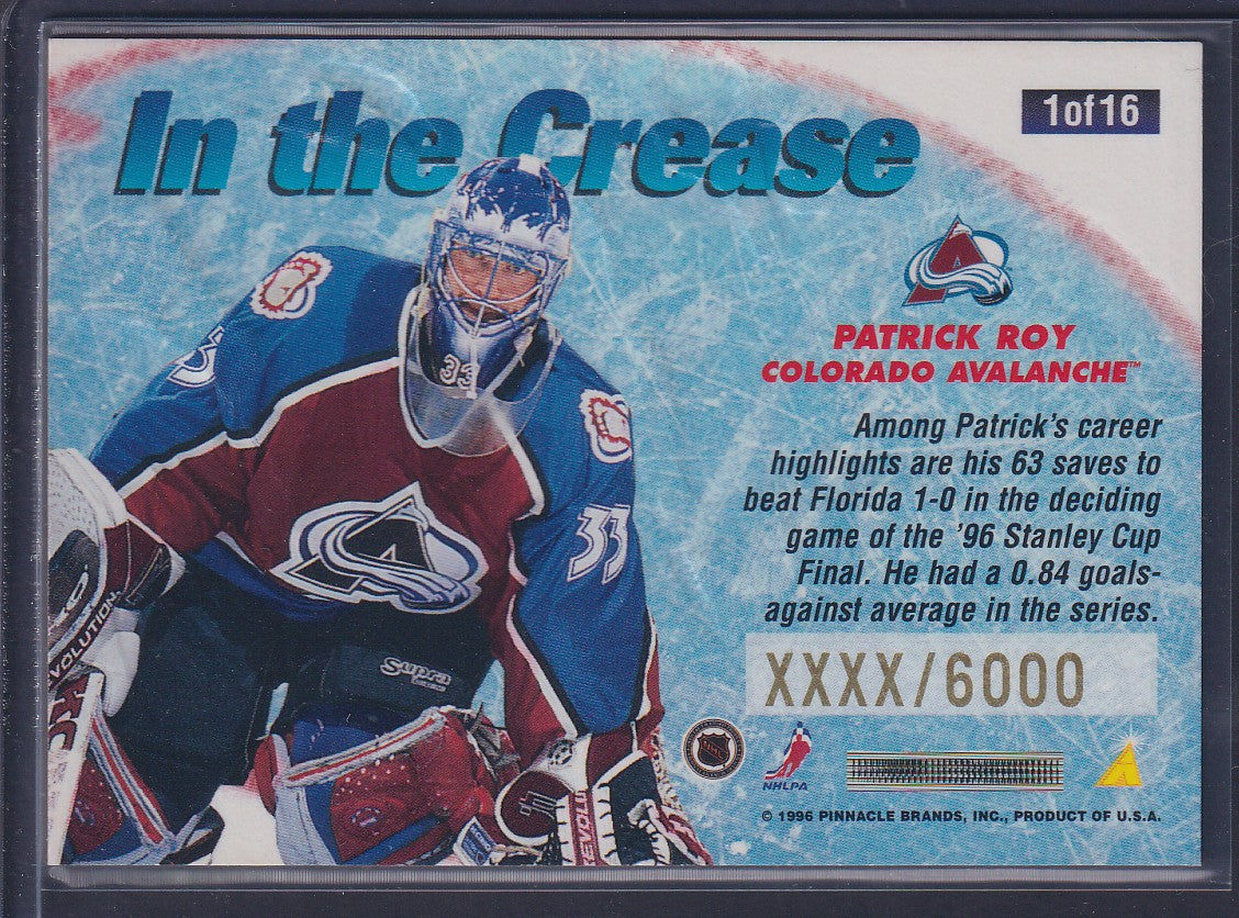 PATRICK ROY - 1996 Pinnacle Summit In the Crease #1, xxxx/6000