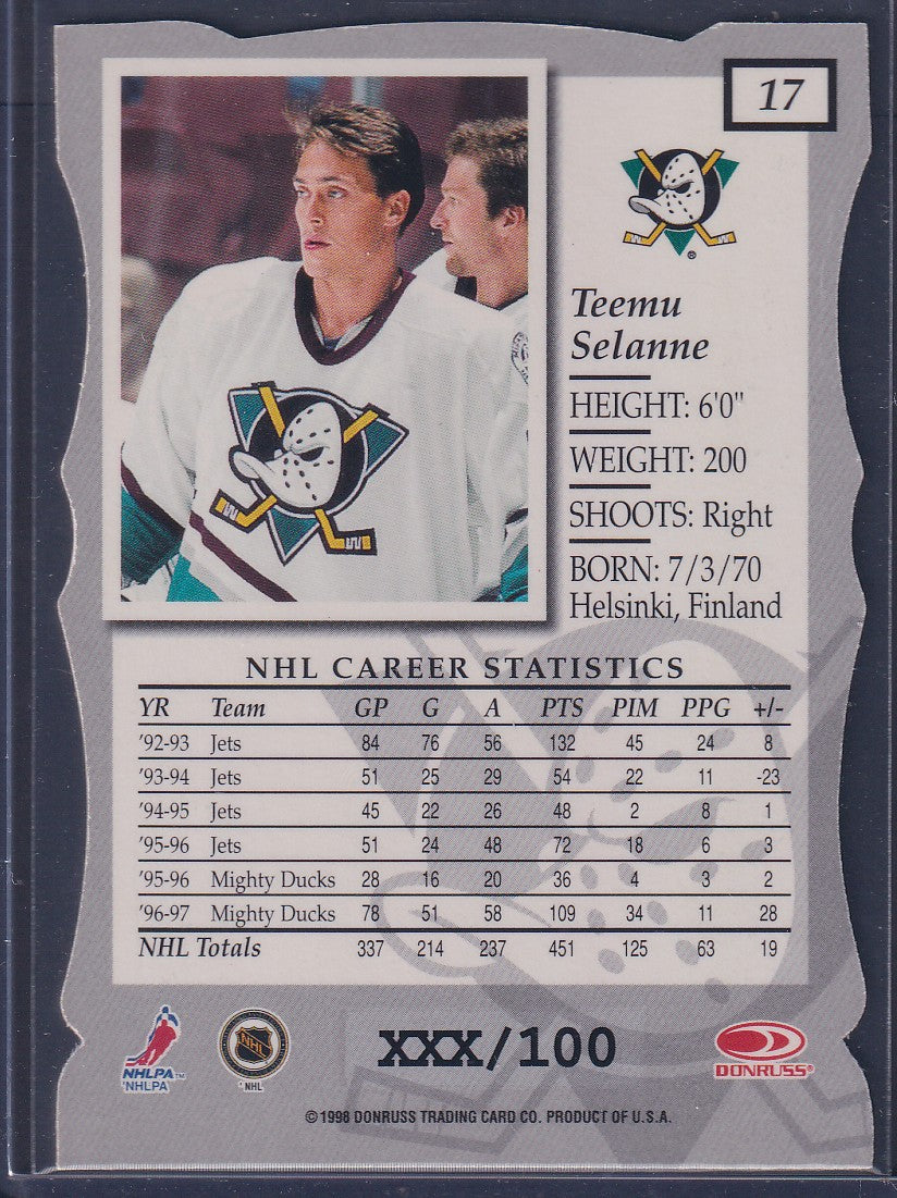 TEEMU SELANNE - 1997 Donruss Elite Status Die Cut #17, xxx/100
