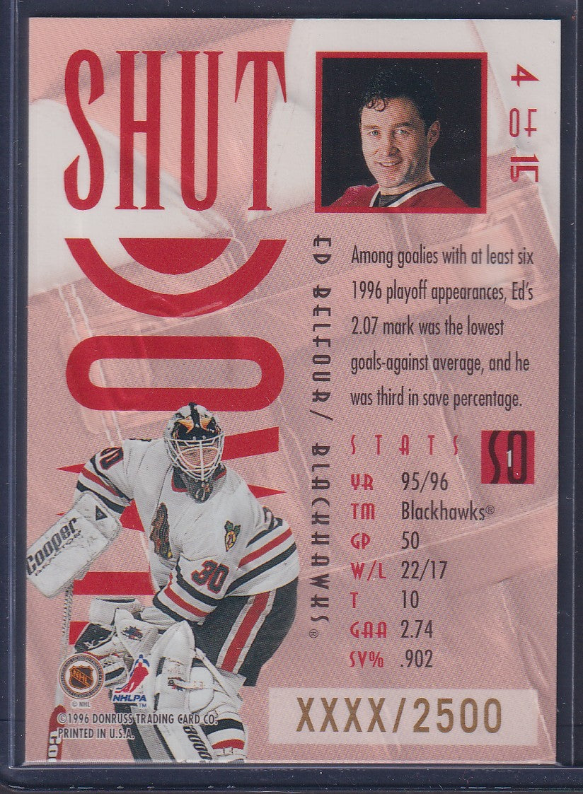 ED BELFOUR - 1996 Donruss Leaf Shut Down #4, xxxx/2500