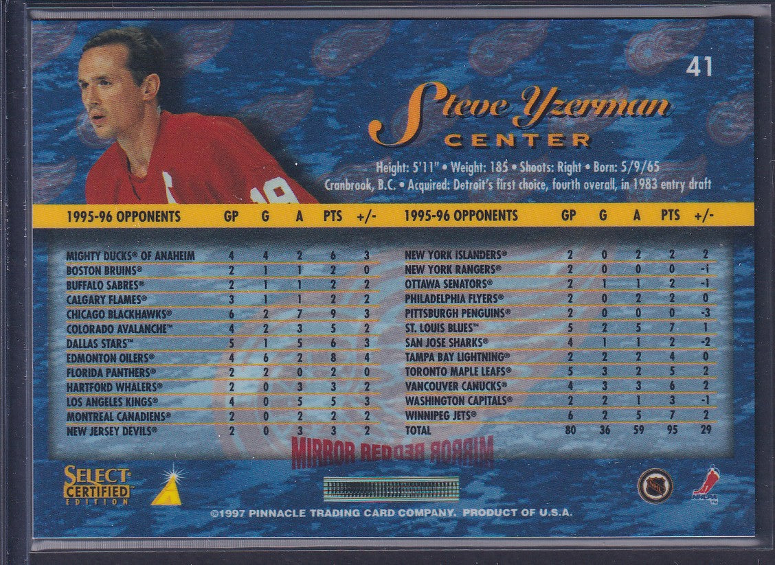 STEVE YZERMAN - 1996 Pinnacle Select Certified Editions MIRROR RED #41