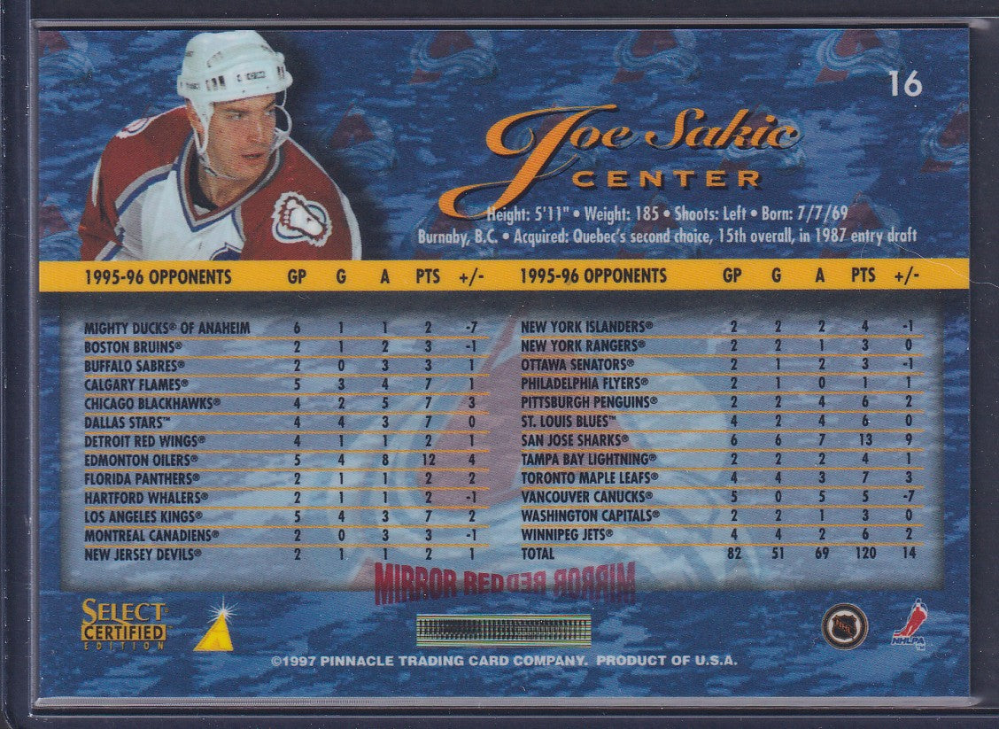 JOE SAKIC - 1996 Pinnacle Select Certified Editions MIRROR RED #16