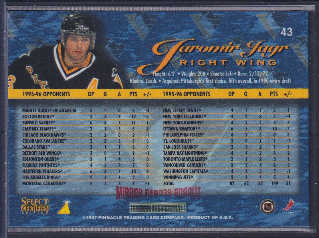 JAROMIR JAGR - 1996 Pinnacle Select Certified Editions MIRROR RED #43