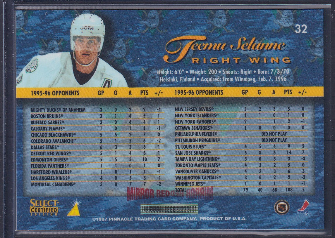 TEEMU SELANNE - 1996 Pinnacle Select Certified Editions MIRROR RED #32