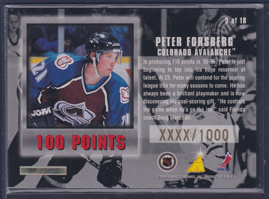 PETER FORSBERG - 1996 Pinnacle Summit Untouchables #5, xxxx/1000