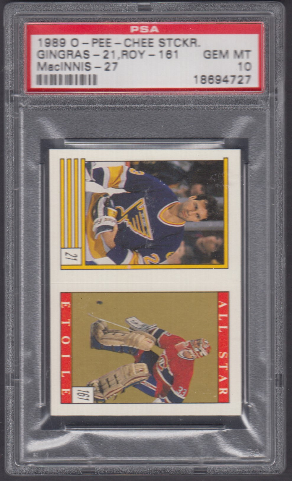 ROY GINGRAS MACINNIS, 1988 O-Pee-Chee Sticker #21, 161, 27, PSA 10