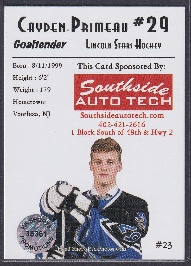 CAYDEN PRIMEAU - Lincoln Stars Hockey Auto (COA Sticker)