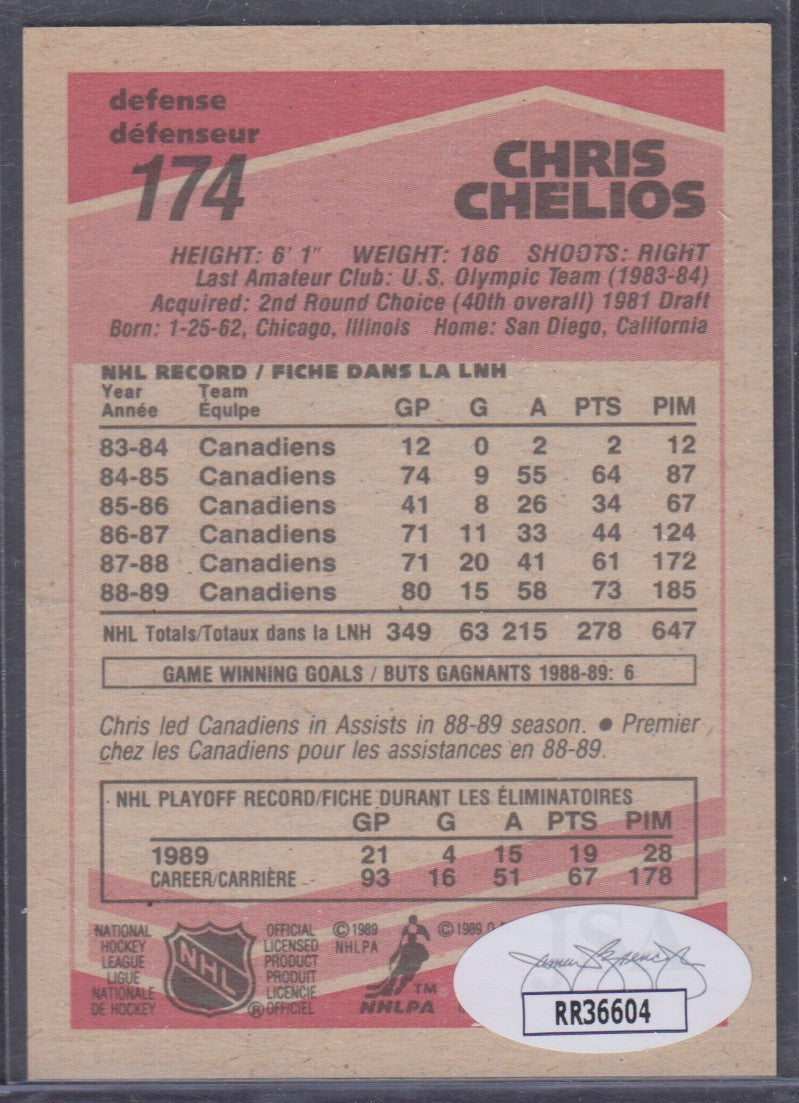 CHRIS CHELIOS, 1989 O-Pee-Chee #174, Auto, Certified Genuine, HOF